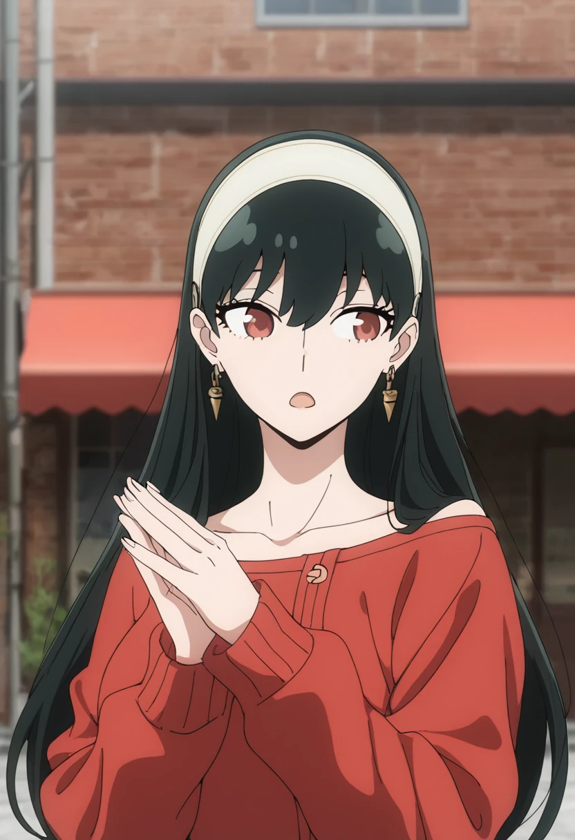 masterpiece, best quality, good quality, very awa, newest, highres, absurdres,outdoors,YorForger-SpyxFamily,Yor Forger \(Spy x Family\), 1girl, solo, long hair, open mouth, bangs, black hair, red eyes, jewelry, collarbone, upper body, hairband, earrings, off shoulder, sweater, looking to the side, own hands together, white hairband, red sweater, red outfit
,<lora:Yor Forger (Spy x Family) Illustrious v3:0.8>