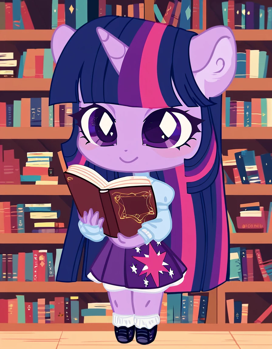 score_9, score_8_up, score_7_up, rating_safe,
1girl, solo, female focus, reading, holding book, smile,
chibi, colored lineart, simple shading,
Twilight Sparkle,
library, bookshelf, indoors,