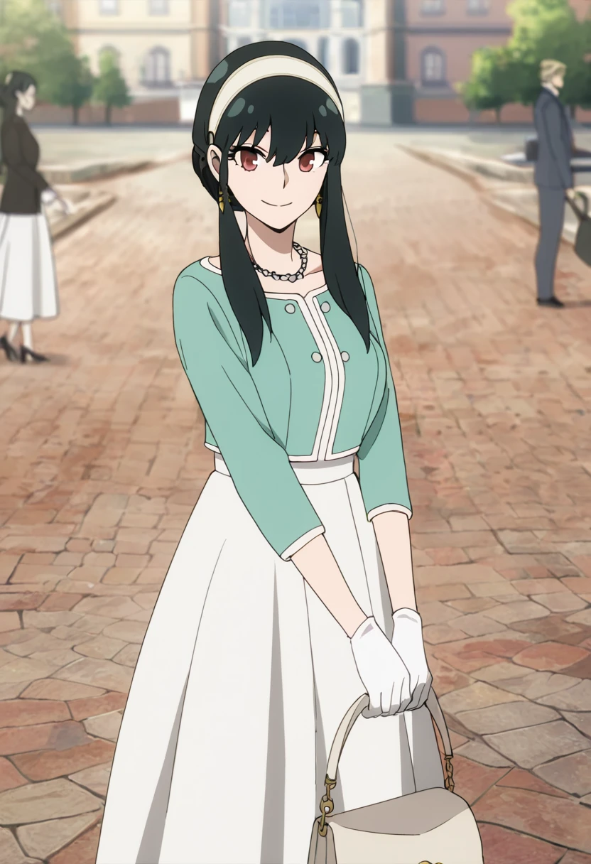 masterpiece, best quality, good quality, very awa, newest, highres, absurdres,outdoors,YorForger-SpyxFamily,Yor Forger \(Spy x Family\), 1girl, looking at viewer, smile, bangs, skirt, black hair, red eyes, gloves, 1boy, dress, holding, jewelry, closed mouth, sidelocks, hairband, earrings, outdoors, solo focus, white gloves, necklace, bag, white skirt, white hairband, handbag, holding bag, twilight, simple outfit
,<lora:Yor Forger (Spy x Family) Illustrious v3:0.8>