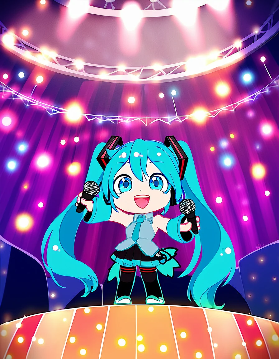 score_9, score_8_up, score_7_up, rating_safe,
1girl, solo, female focus, looking at viewer, open mouth, smile, reaching towards viewer, (holding microphone:1.2), from below,
chibi, colored lineart, simple shading,
hatsune miku,
stage, stage lights,