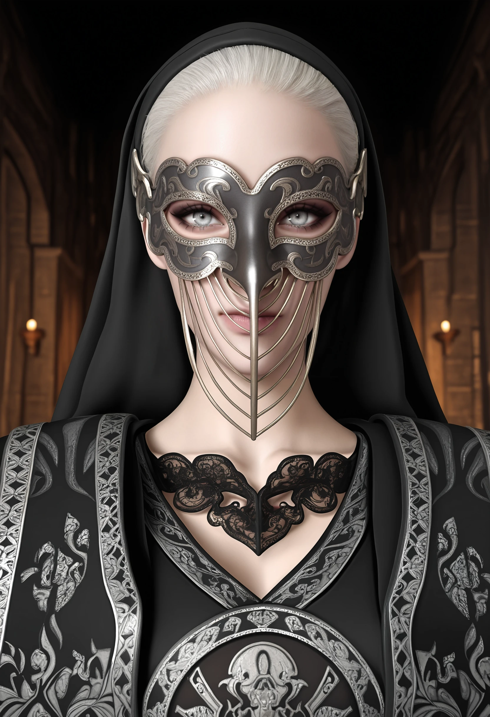 masterpiece, best quality, amazing quality, very aesthetic, absurdres, newest, <lora:MotherMirandaRE8ILf:0.9> m0tilf, 1girl, white hair, grey eyes, veil, robe, portrait, looking at viewer, mask,