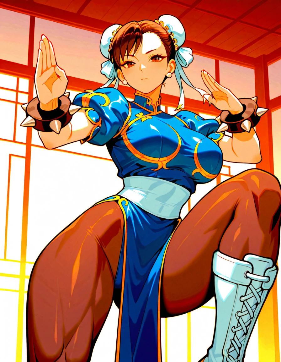 (masterpiece), (best quality), (ultra-detailed), Chun_Li_XL, 1girl, solo, breasts, looking at viewer, dojo, dojo background, dress, jewelry, short sleeves, thighs, pantyhose, boots, puffy sleeves, bracelet, puffy short sleeves, sash, muscular, blue dress, chinese clothes, white footwear, china dress, pelvic curtain, spikes, cross-laced footwear, brown pantyhose, fighting stance, bun cover, spiked bracelet, earrings, illustration, disheveled hair, detailed eyes, perfect composition, moist skin, intricate details, earrings, perfect face, ((perfect eyes)), detailed background, 4 k, anime art, anime style,masterpiece, best quality, highres, absurdres, newest ,masterpiece, best quality, highres, absurdres, newest,masterpiece, best quality, highres, absurdres, newest, ((detailed face and eyes)), Chun_Li_XL, 1girl, solo, breasts, looking at viewer, dojo, dojo background, dress, jewelry, short sleeves, thighs, pantyhose, boots, puffy sleeves, bracelet, puffy short sleeves, sash, muscular, blue dress, chinese clothes, white footwear, china dress, pelvic curtain, spikes, cross-laced footwear, brown pantyhose, fighting stance, bun cover, spiked bracelet, earrings, exposed, bright colors, beautiful, cinematic, highly detailed, advanced, rich deep complex stunning great composition, magical atmosphere, dynamic dramatic ambient light, scenic full detail, creative, perfect healing, pure, calm, unique, best, attractive, thoughtful