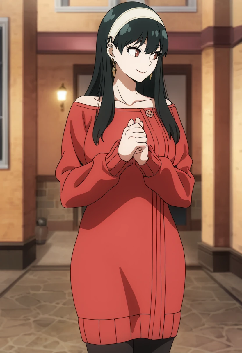 masterpiece, best quality, good quality, very awa, newest, highres, absurdres,outdoors,YorForger-SpyxFamily,Yor Forger \(Spy x Family\), 1girl, solo, long hair, smile, bangs, black hair, red eyes, dress, jewelry, closed mouth, standing, collarbone, pantyhose, hairband, earrings, indoors, off shoulder, sweater, looking to the side, black pantyhose, own hands together, white hairband, sweater dress, off-shoulder sweater, red sweater, gold earrings, (red outfit:1.2),
,<lora:Yor Forger (Spy x Family) Illustrious v3:0.8>
