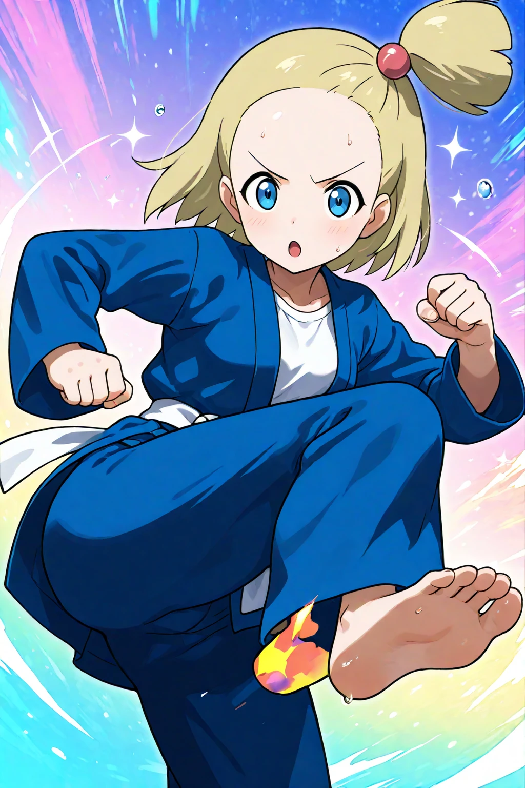 2d, masterpiece, best quality, amazing quality, 1girl, solo, standing, leaning_forward, looking at viewer, multicolored background, sparkle, gradient background, colorful background, color splashes, battlegirlxy, blue eyes, short hair, blonde hair, one side up, hair bobbles, forehead, dougi, white shirt, blue jacket, long sleeves, white sash, blue pants, barefoot, standing on one leg, sweat, kicking, leg up, soles, clenched hands, :o, v-shaped_eyebrows
