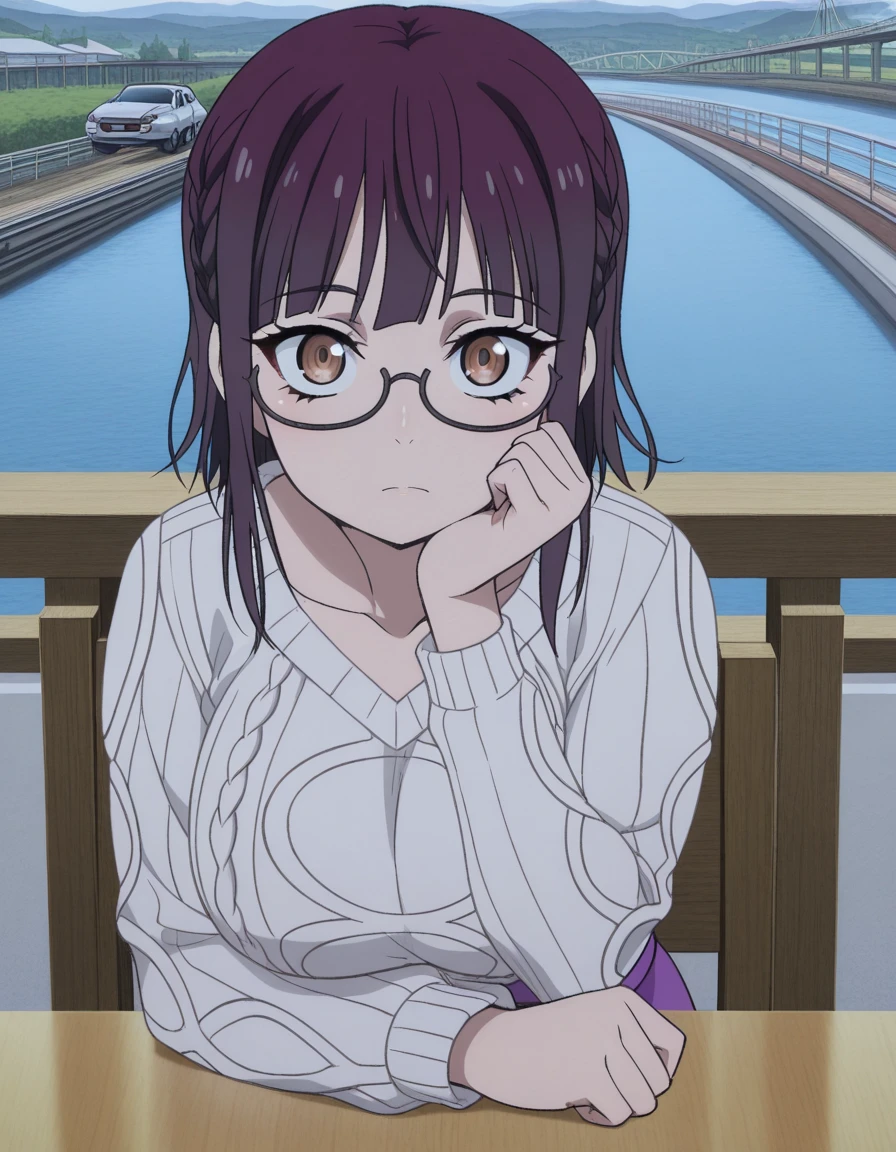 masterpiece, best quality, amazing quality,, <lora:sumika-fujimiya-s1-illustriousxl-lora-nochekaiser:1>, sumika fujimiya, brown eyes, purple hair, braid, glasses, semi-rimless eyewear, under-rim eyewear, mature female, breasts, anime screencap, sweater, long sleeves, collarbone, skirt, purple skirt,, sitting, head rest, table,, bridge, connection, water, road, cars, cowboy shot, solo, looking at viewer,