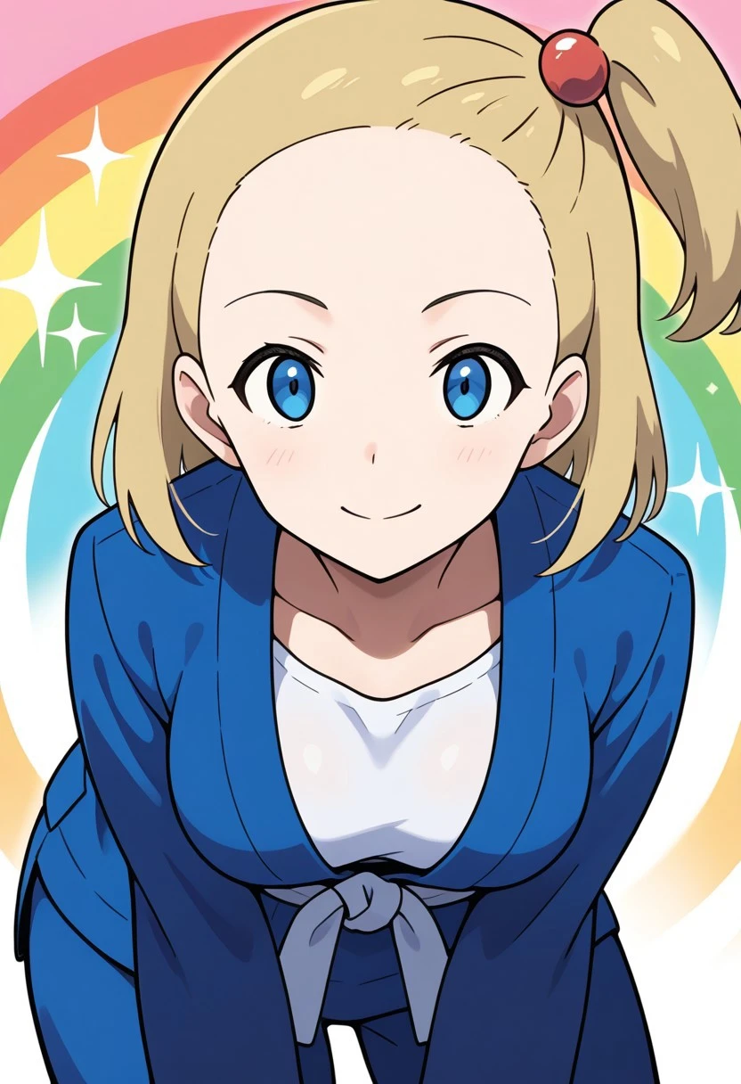 2d, masterpiece, best quality, amazing quality, 1girl, solo, close-up, standing, smile, upper body, leaning_forward, looking at viewer, multicolored background, sparkle, rainbow background, colorful background, battlegirlxy, blue eyes, short hair, blonde hair, one side up, hair bobbles, forehead,dougi, white shirt, blue jacket, long sleeves, white sash, blue pants, (mature female, adult body, grown up, aged up), medium breasts
