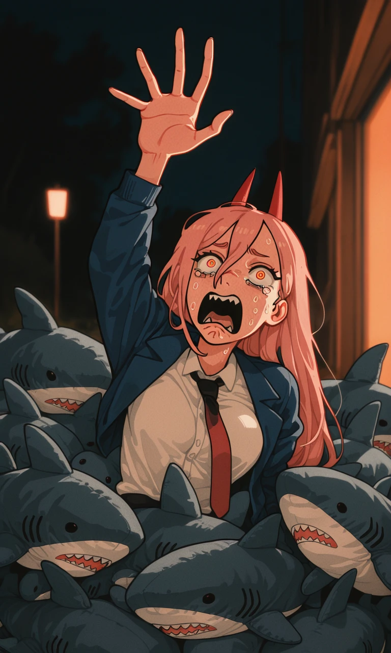 embedding:IllusP0s, wwafr, night, scared, reaching, stuffed shark, outdoors, 1girl, contrast lighting, blurry background, white shirt, button up shirt, collared shirt, blue jacket, red horns, pink hair, red tie, power_\(chainsaw man\),<lora:blahaj swarm_Illustrious.safetensors:1.0:1.0> <lora:wwafr-10.safetensors:1:1>