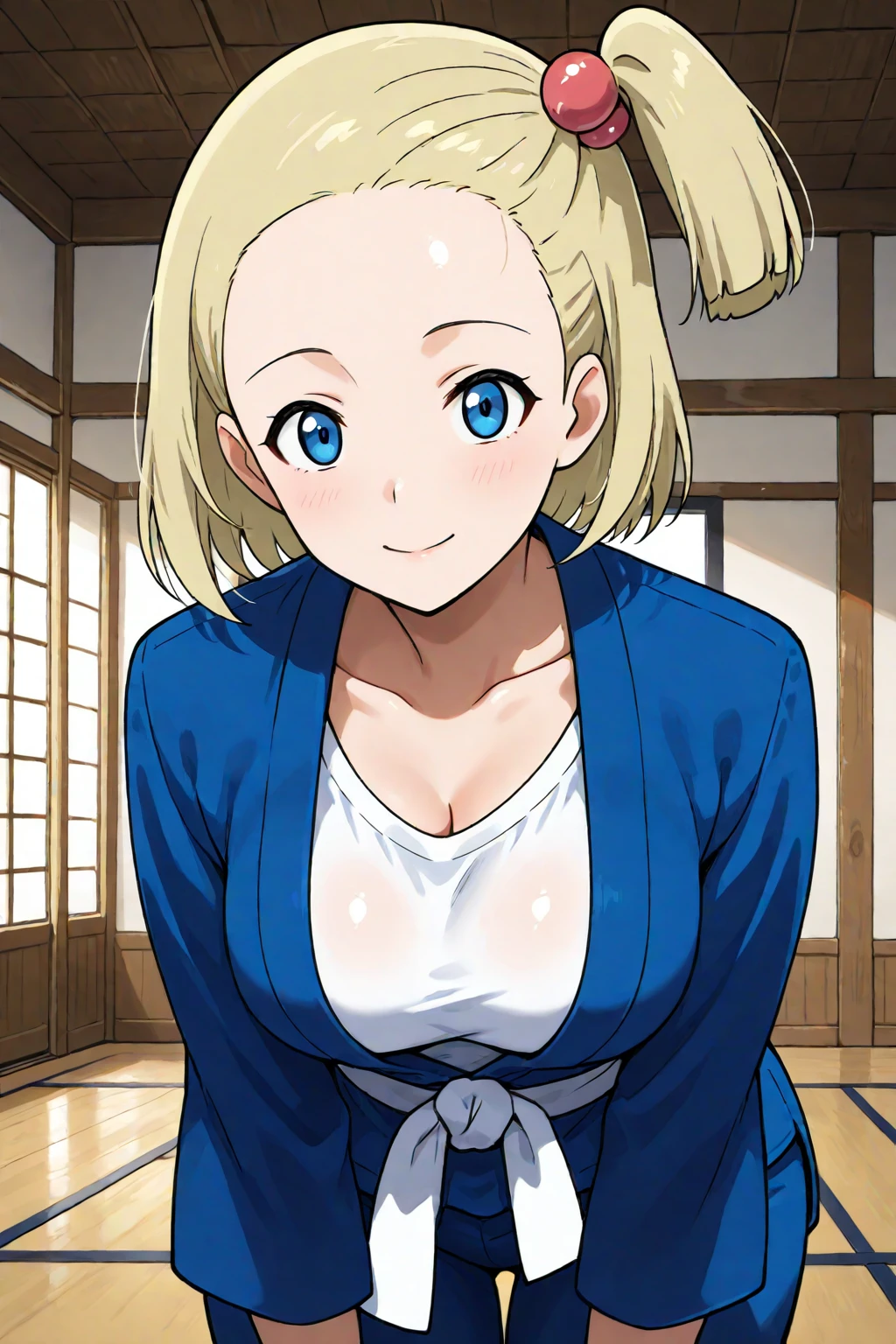 2d, masterpiece, best quality, amazing quality, 1girl, solo, close-up, standing, smile, upper body, leaning_forward, looking at viewer, dojo, (mature female, adult body, grown up, aged up), medium breasts, battlegirlxy, blue eyes, short hair, blonde hair, one side up, hair bobbles, forehead, dougi, white shirt, blue jacket, long sleeves, white sash, blue pants