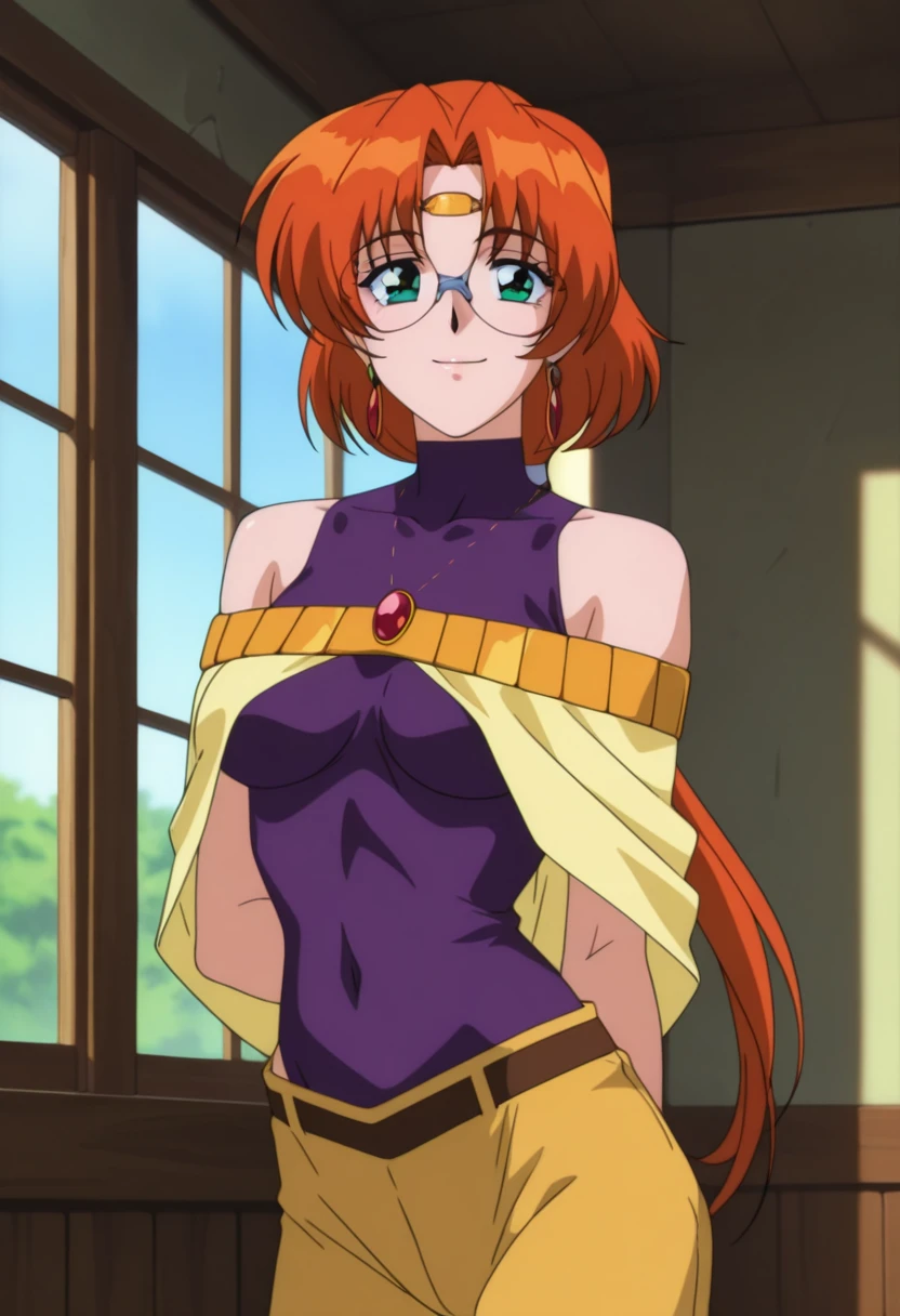 1girl, short hair, green eyes, orange hair, low ponytail, earrings, glasses, circlet, pendant, purple dress, bare shoulders, purple bridal gauntlets, cape, earrings,  evil smile, standing, undressing, cleavage, skirt lift, lifted by self, bare legs, black side tie panties, indoors, library, shushing, wink <lora:Ila xl:0.8>, score_9, score_8_up, score_7_up, score_6_up, score_5_up, score_4_up, BREAK source_anime, masterpiece