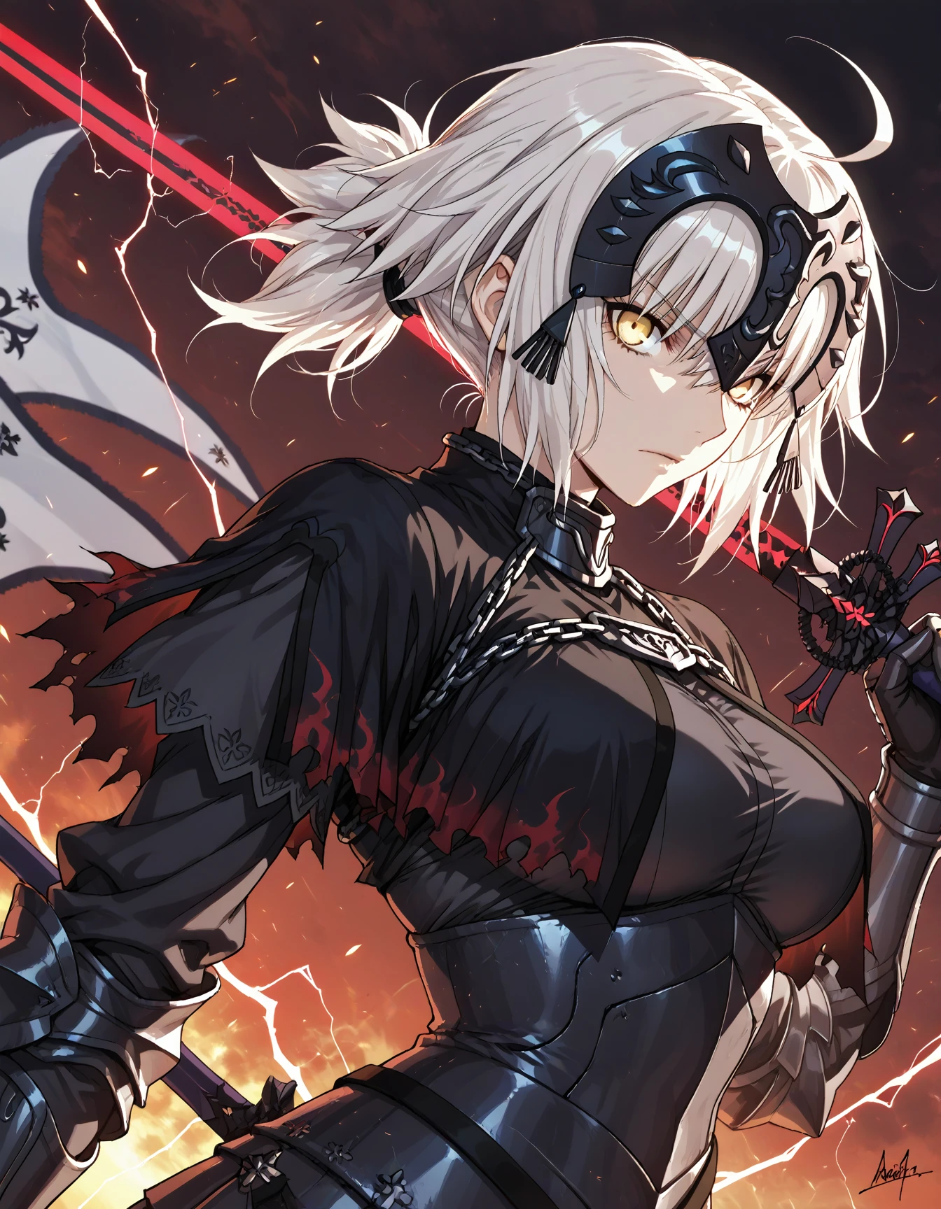 masterpiece, best quality, very aesthetic, movie quality, depth of field, focused subject,
1girl, jeanne d'arc alter \(fate\),
movie quality, depth of field, focused subject, solo, holding weapon, official style, weapon, glowing, from side, sidelocks, looking at viewer, red theme, blurry, shoulder pads, breastplate, bodysuit, standing, serious, armor, sword, signature, electricity, dutch angle, ahoge, black bodysuit, holding sword, holding, closed mouth, gauntlets, upper body, glowing weapon, short ponytail, long sleeves, glowing sword,
<lora:NoobV065sHyperDmd:1> masterpiece, best quality, very aesthetic, absurdres, newest, safe