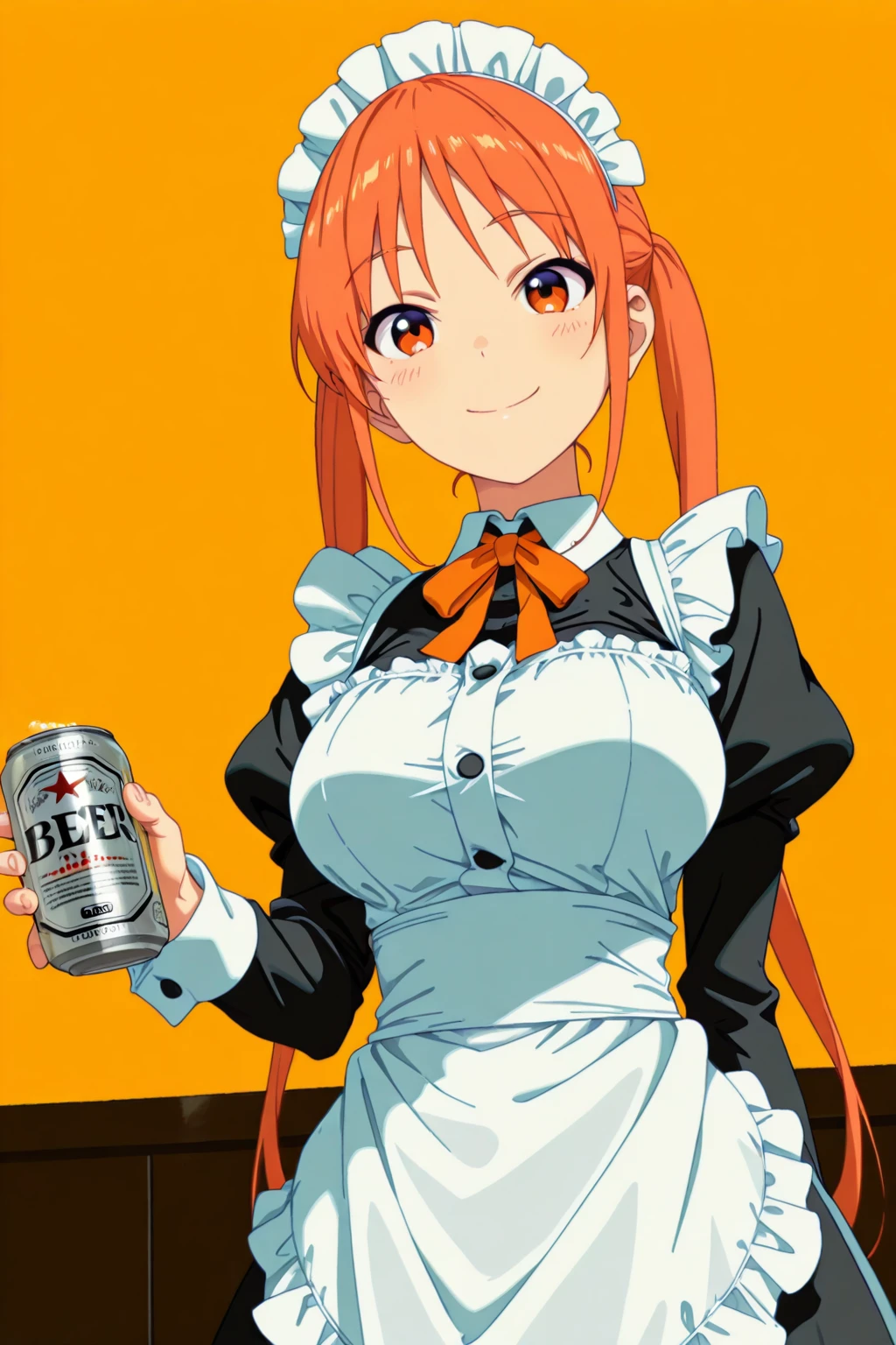 1girl, <lora:Yoshiko_Hanabatake:1>, YoshikoDS, masterpiece, best quality, long hair, orange eyes, orange hair, solo, twintails, 1girl, apron, beer can, breasts, can, closed mouth, drink can, holding, holding can, large breasts, looking at viewer, maid, maid apron, maid headdress, smile, solo, striped clothes