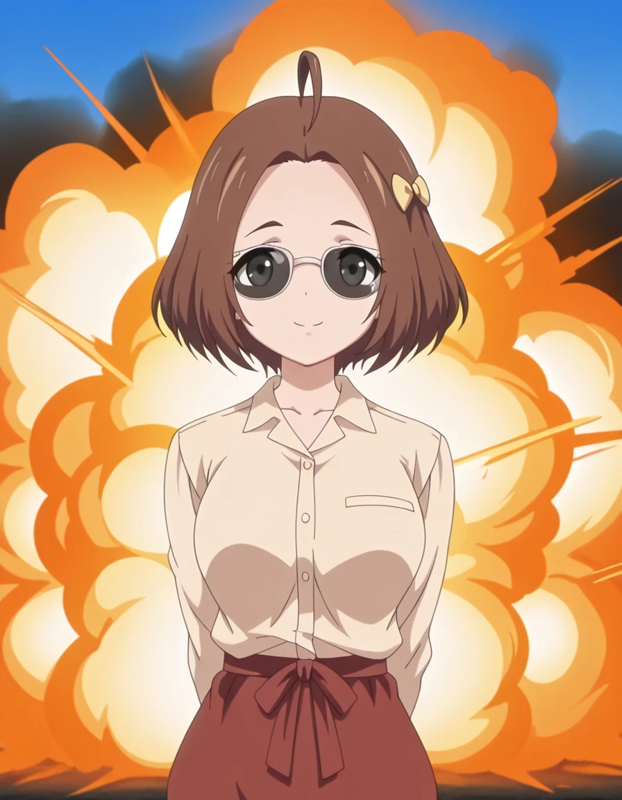 masterpiece, best quality, amazing quality,, <lora:rika-makiba-ova-illustriousxl-lora-nochekaiser:1>, rika makiba, short hair, brown hair, bow, black eyes, ahoge, hair bow, mature female, medium breasts, anime screencap, <lora:explosion-gag-illustriousxl-lora-nochekaiser:1>, explosion gag, sunglasses, explosion, smile, collared shirt, straight-on, standing, cowboy shot, ,