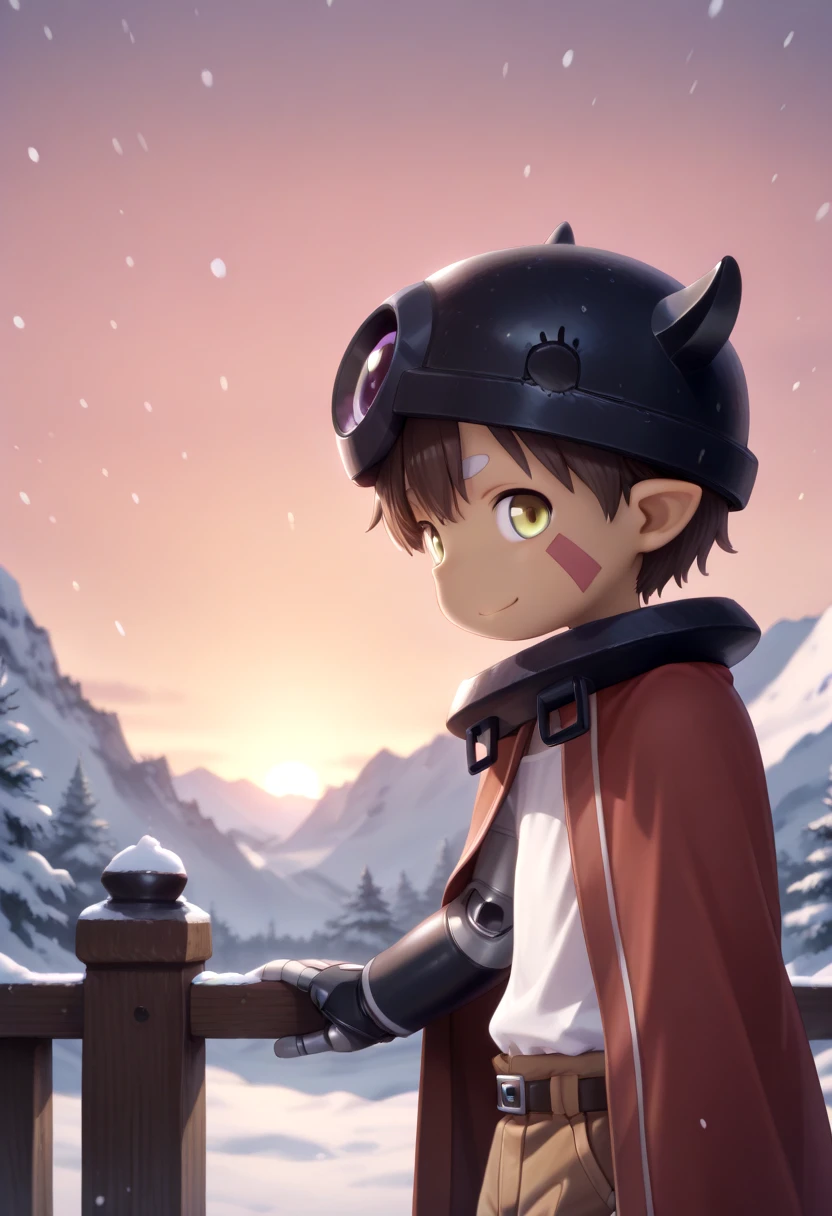 mia_reg, brown hair, 1boy, yellow eyes, male focus, pointy ears, dark skin, cape, red facial mark, helmet, mechanical arms,brown pants, (white shirt:1.2), standing, outside, snow peak, snowing, twilight, from side, solo, happy face expression, looking at viewer,<lora:IL/made_in_abyss_reg_v10_IL:1.0>