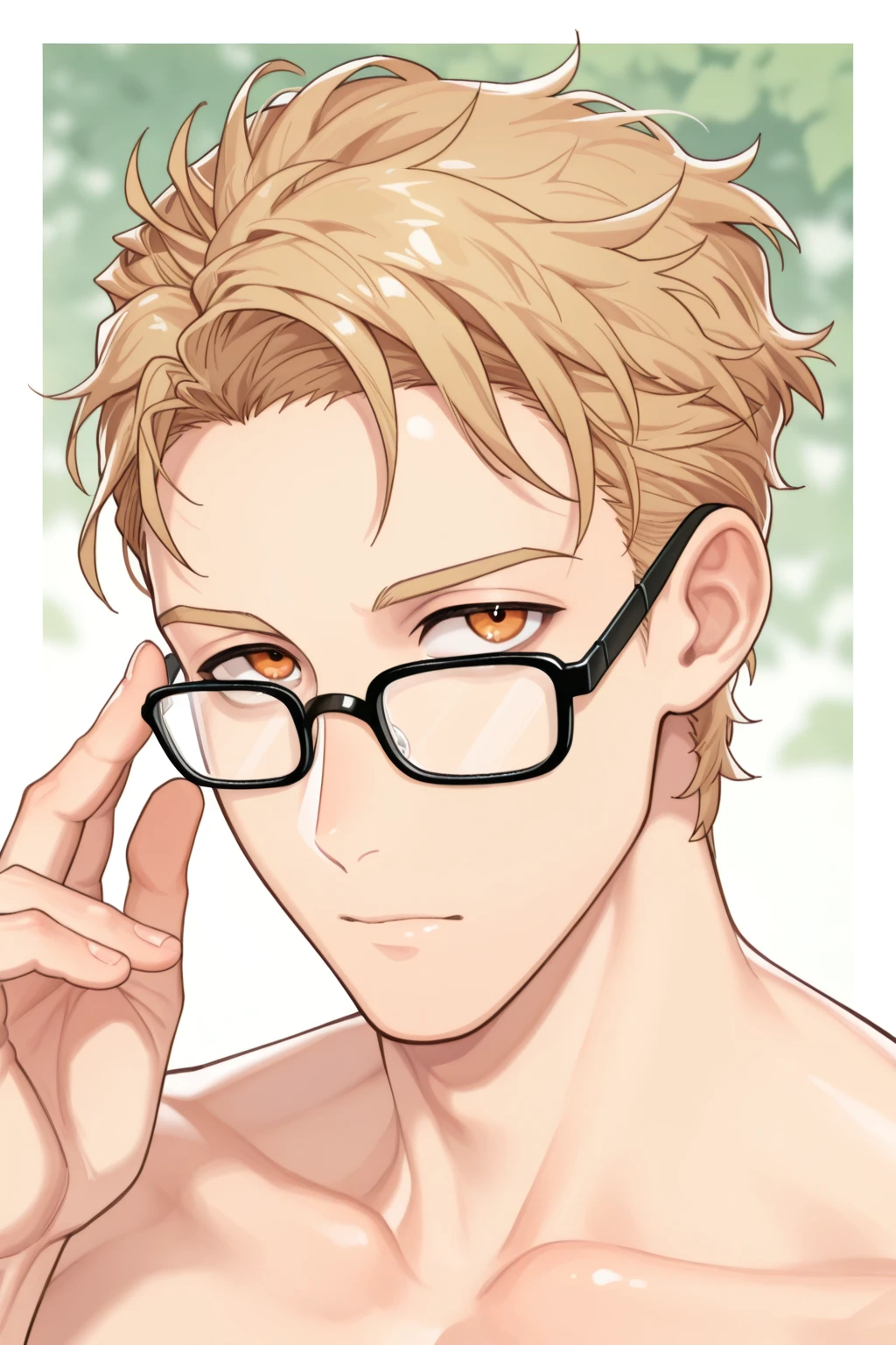 <lora:CCD-IL-000009:0.7>,CCD,<lora:quincy_epoch_10:0.8>,quincy,adjusting eyewear,forehead,black-framed eyewear,looking at viewer,portrait,bara,male focus,very awa,masterpiece,best quality,amazing quality,nsfw,uncersored,highres,best quality,amazing quality,best aesthetic,absurdres,