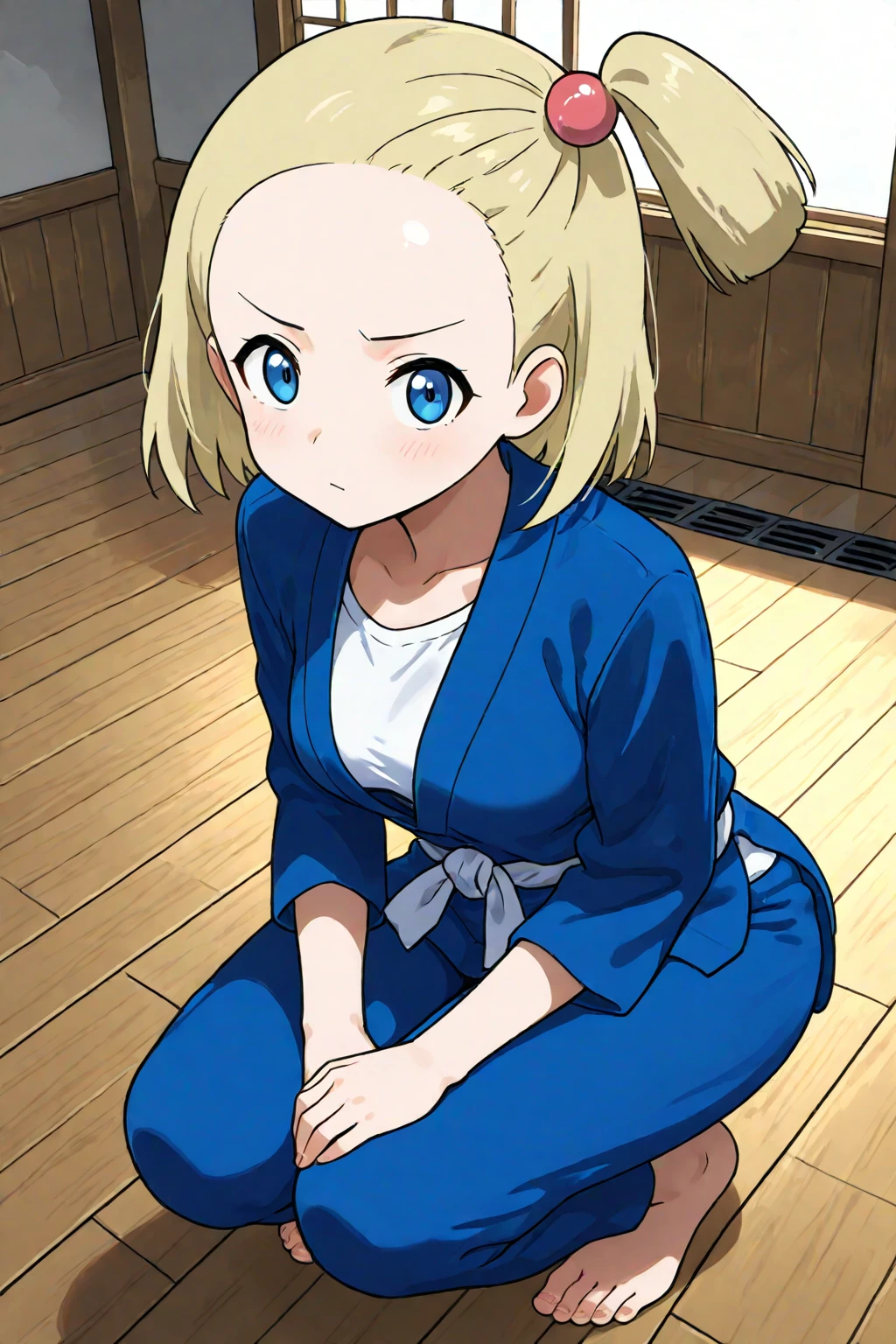 2d, masterpiece, best quality, amazing quality, highres, absurdres, newest, 1girl, solo, squatting, from above, dutch angle, looking at viewer, dojo, wooden floor, medium breasts, battlegirlxy, blue eyes, short hair, blonde hair, one side up, hair bobbles, forehead, dougi, white shirt, blue jacket, long sleeves, white sash, blue pants, barefoot, toes