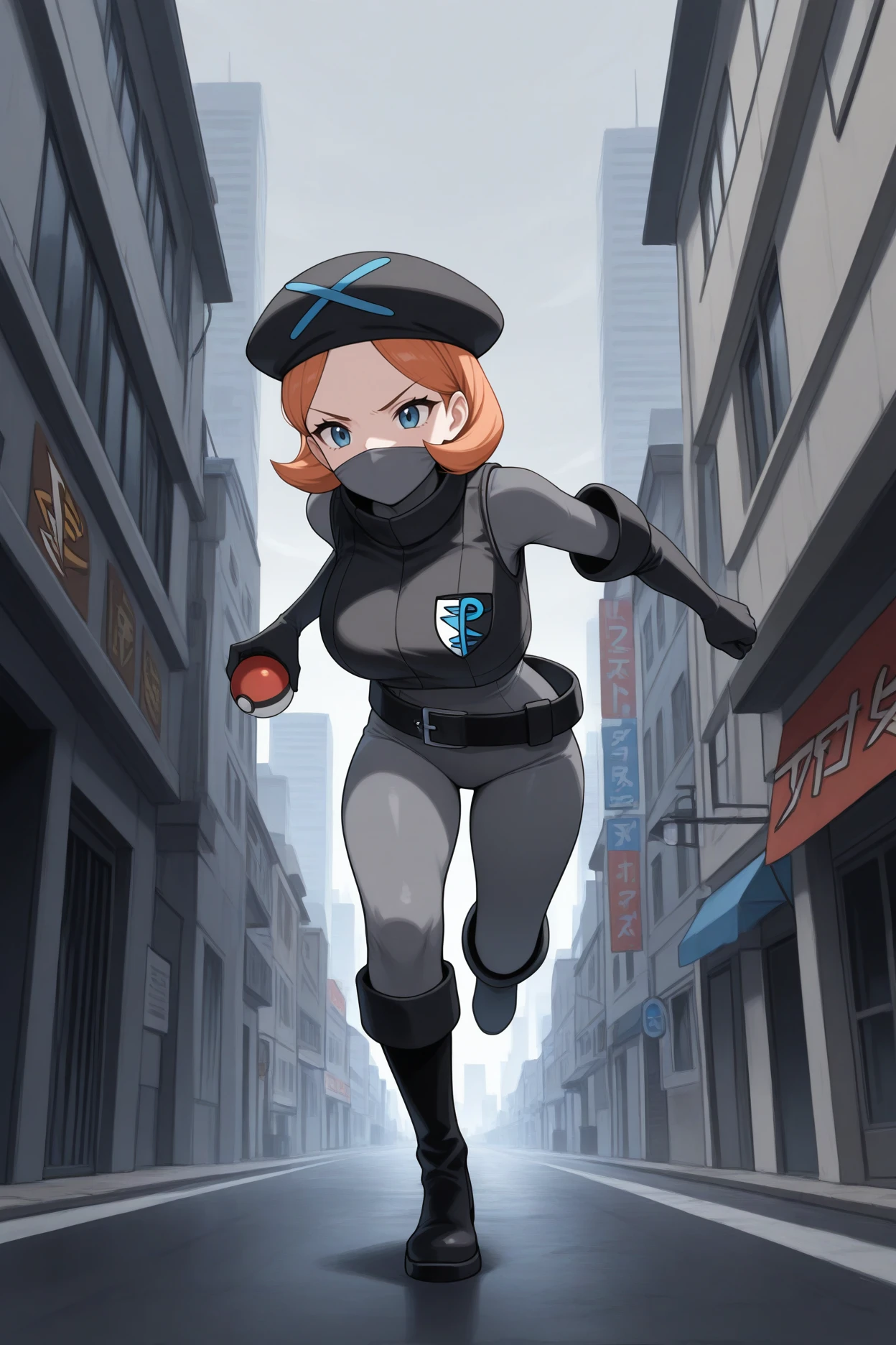 masterpiece, best quality, <lora:pkmntpg-nvwls-v1-000010:1> pkmntpg, beret, grey bodysuit, vest, belt, black gloves, mouth mask, huge breasts, dynamic pose, fist, standing, city, looking at viewer