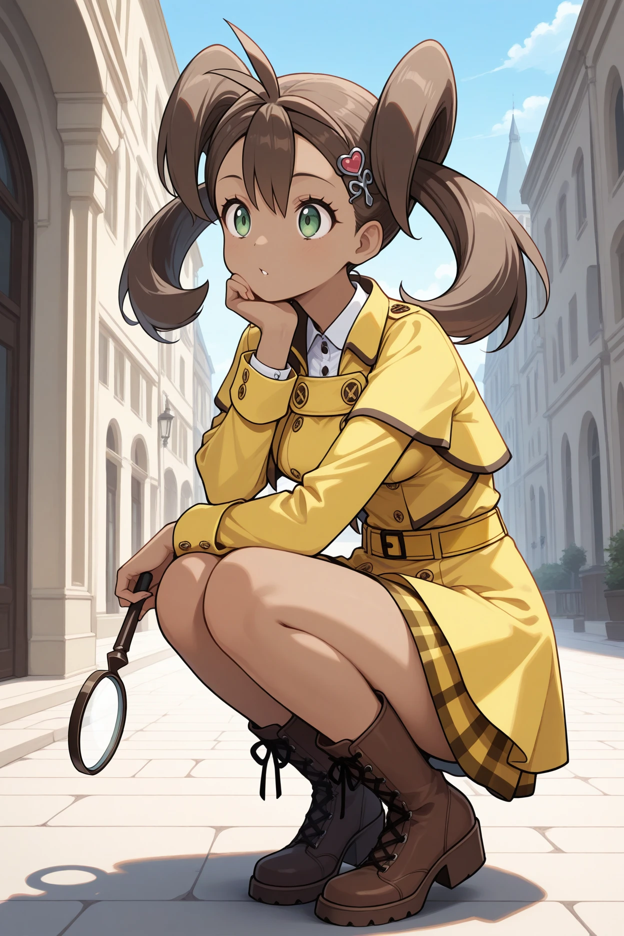 masterpiece, best quality, 1girl, solo, <lora:shauna-illu-nvwls-v1:1> spcsn, dark-skinned female, twintails, brown hair, long hair, green eyes, hair ornament, yellow jacket, collared shirt, long sleeves, yellow belt, yellow skirt, layered skirt, buttons, brown boots, cross-laced boots, squatting, holding magnifying glass, medium breasts, hand on own chin, city, art deco, blue sky