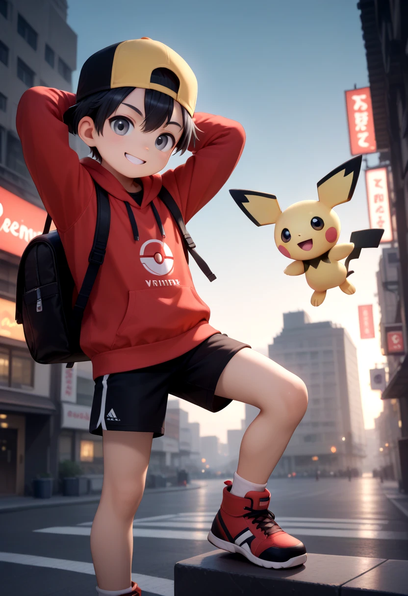 ethan, black hair, grey eyes, black with yellow baseball cap, backwards cap, red hoodie, black shirt, black shorts, red with white shoes, 1boy, male focus, smile, solo, teeth, grin, bag, looking at viewer, backpack, bangs, hands behind head, relaxed pose, city, outdoors, pichu, pokemon (creature), pokemon on shoulder BREAK volumetric lighting, detailed background, depth of field, scenery, source_anime The soft lighting and detailed surroundings create an immersive environment where imagination runs wild high quality visuals, dim Lighting, sharply focused, octane render, 8k UHD, <lora:Ethan__Gold_Multiple_Outfits_-_Pokémon_-_Illustrious:1.0>
