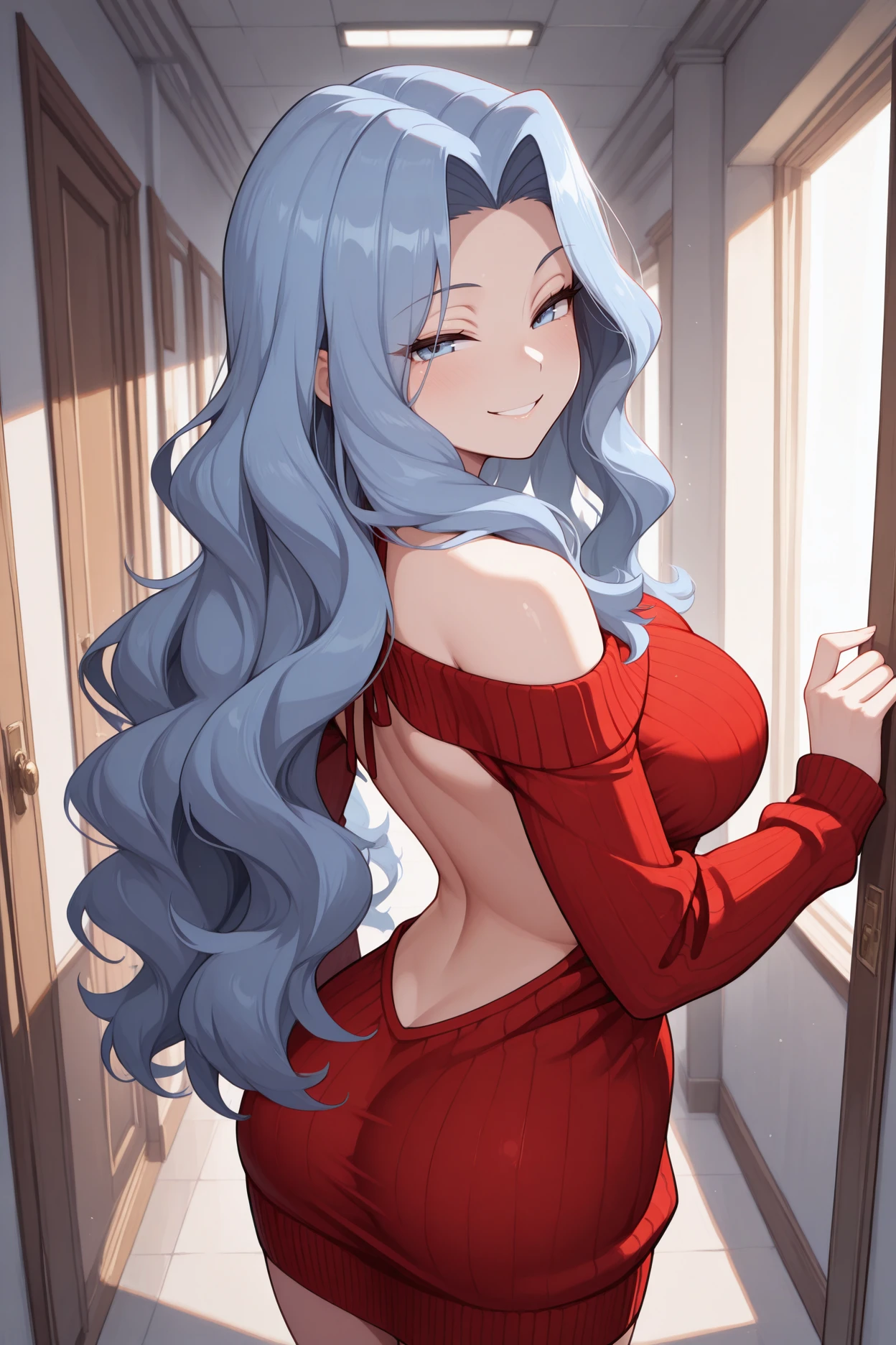 masterpiece, best quality, 1girl, solo, <lora:pkmnkaren-illu-nvwls-v1-000006:1> pkkar, wavy hair, light blue hair, very long hair, parted bangs, light blue eyes, large breasts, red sweater, sweater dress, half-closed eyes, smile, backless outfit, looking at viewer, hallway