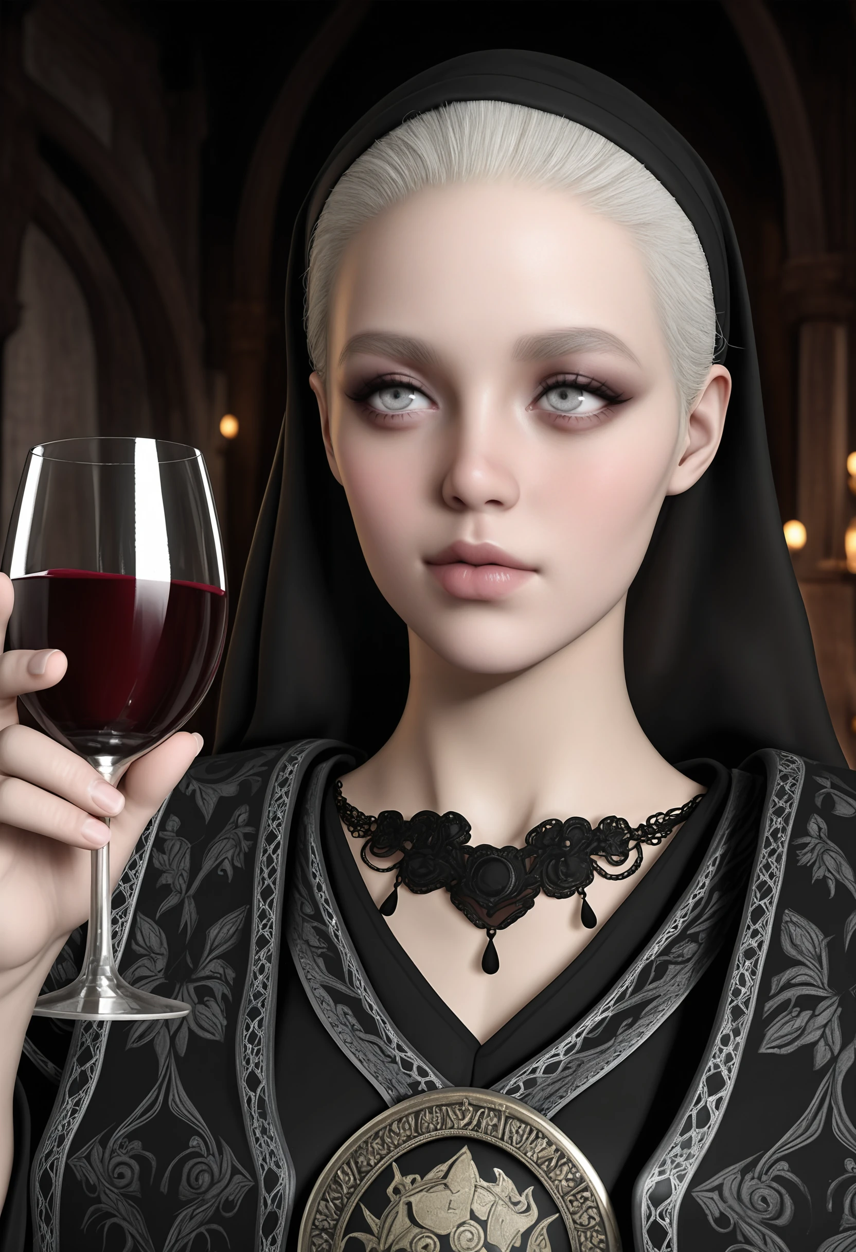 masterpiece, best quality, amazing quality, very aesthetic, absurdres, newest, <lora:MotherMirandaRE8ILf:0.9> m0tilf, 1girl, white hair, veil, grey eyes, robe, portrait, holding glass of wine,