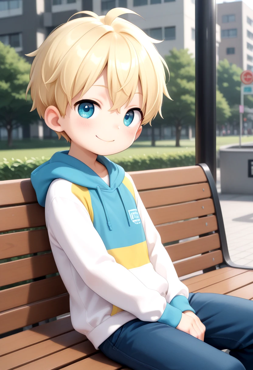 city park, BREAK, sota, 1 boy, male, hoodie, hood down, blonde hair, vivid colors, blush, looking at viewer, from side, 2d, happy face expression, masterpiece, anime style, high quality, very_high_resolution, large_filesize, full color, detailed face, sitting on bench, solo, type-f, half closed eyes, petite,<lora:IL/cutifiedanimecharacterdesign_variant_type_F_IL_v10:0.7000000000000001>
