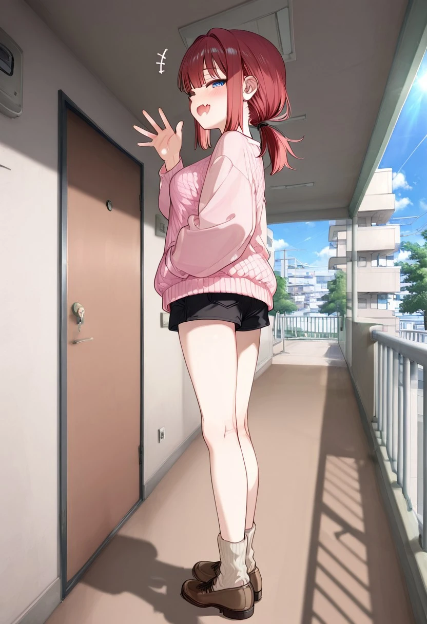 great quality,1girl,solo,almic,(akakura,ogipote,:0.75),(karlyn:0.7),,(apartment door,:1.1),great quality, brown ground, 1girl,, hallway, facing away,,Waving with enthusiasm,(from below:0.9),sumg,red hair,low ponytail,long hair,sideloskcs,skin fang,smug,blue eyes,petite,large medium breasts,(perky breasts,sagging breasts:0.8),Quilted skirtcasual,fashion,full body,scenery, shoes,socks.legs,pink shirt,brown footwear,black shorts,wall,outdoors,sky,tree,railing,shadow,sunlight