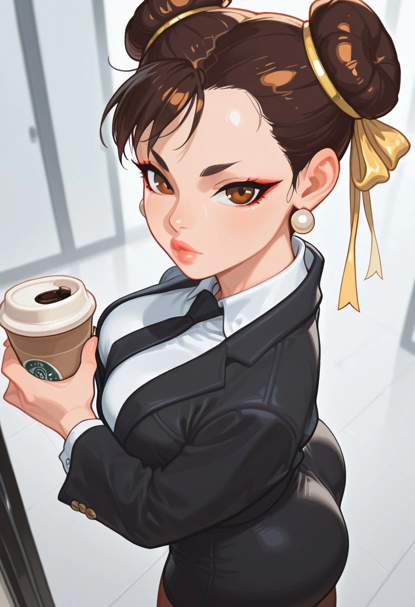 Chun_Li_XL, 1girl, solo, breasts, looking at viewer, shirt, large breasts, skirt, holding, ribbon, jewelry, jacket, white shirt, ass, pantyhose, earrings, necktie, black jacket, cup, lips, from above, suit, holding cup, black necktie, pencil skirt, office lady, disposable cup, coffee, brand name imitation, coffee cup, collared shirt, black skirt, formal
