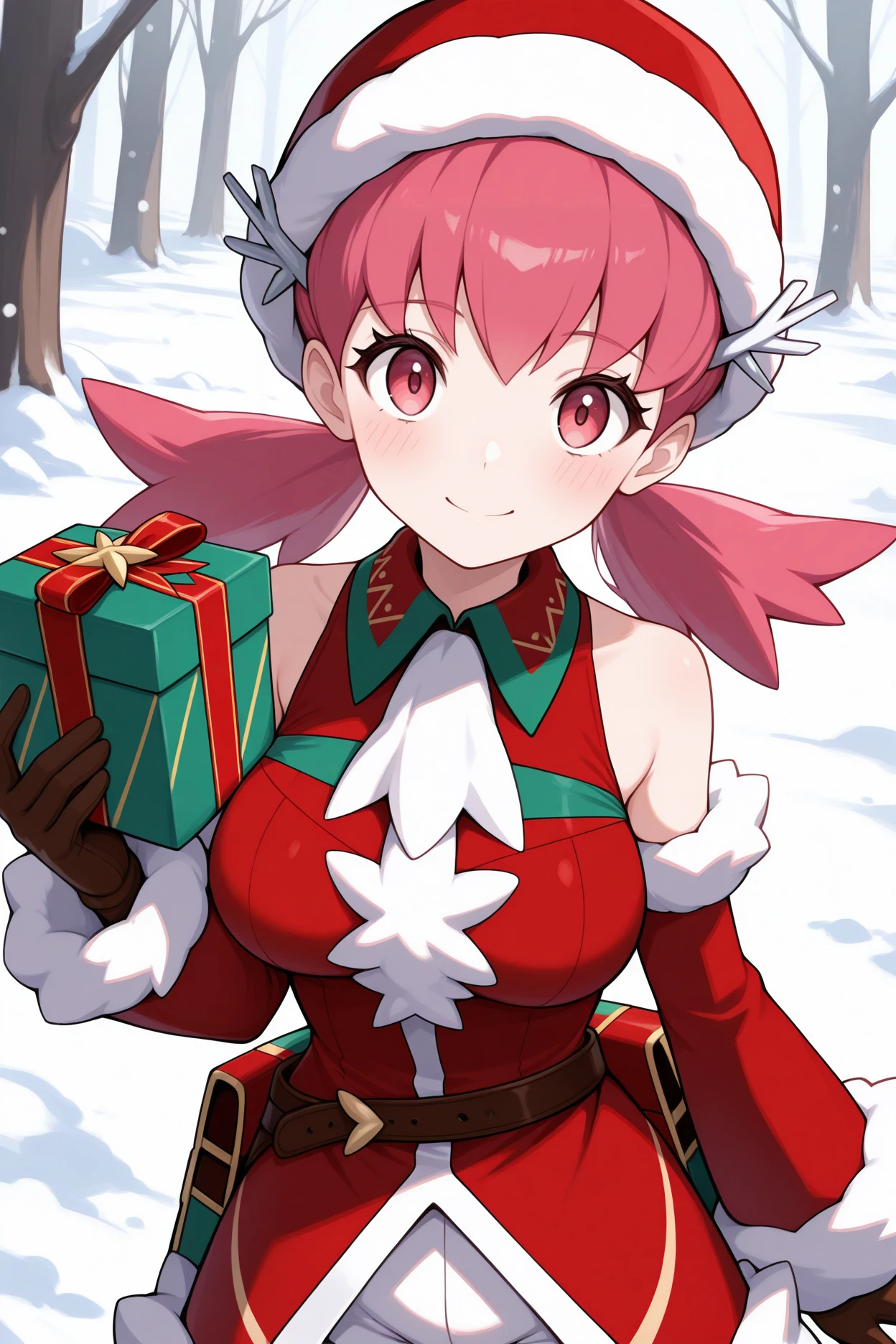 masterpiece, best quality, 1girl, solo, <lora:whitney-illu-nvwls-v1-000006:1> xmwtn, pink hair, low twintails, pink eyes, eyelashes, large breasts, santa hat, hair ornament, white ascot, red dress, short dress, sleeveless dress, fur trim, brown belt, white shorts, shorts under dress, detached sleeves, fur-trimmed sleeves, brown gloves, upper body, looking at viewer, blush, smile, snow, holding gift box
