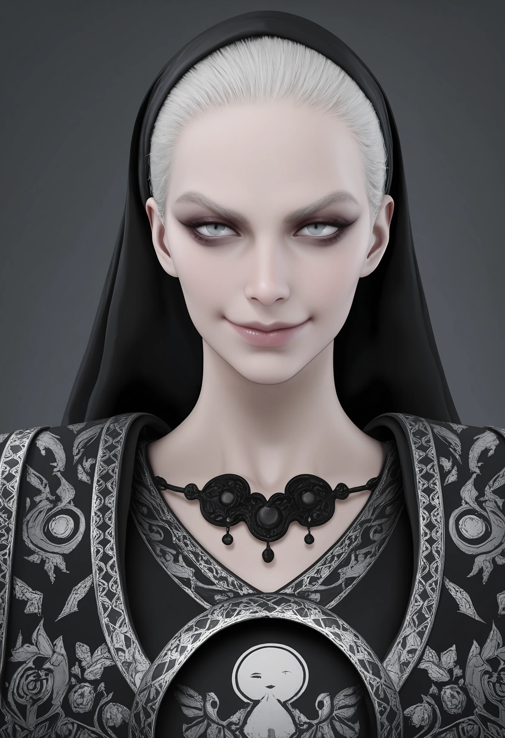 masterpiece, best quality, amazing quality, very aesthetic, absurdres, newest,  <lora:MotherMirandaRE8ILf:0.9> m0tilf, 1girl, white hair, veil, grey eyes, robe, portrait, by raita, smirk,