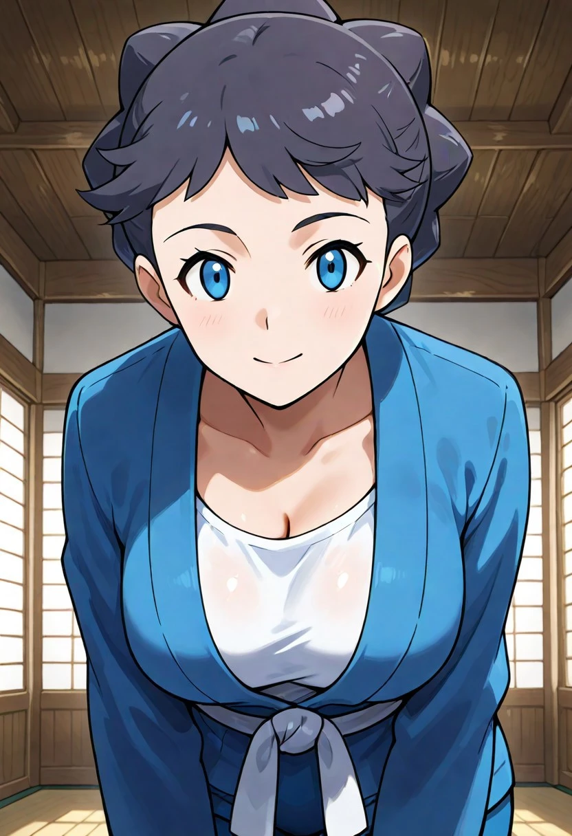 2d, masterpiece, best quality, amazing quality, 1girl, solo, close-up, standing, smile, upper body, leaning_forward, looking at viewer, dojo, (mature female, adult body, grown up, aged up), medium breasts, diantha \(pokemon\), blue eyes, black hair, short hair, dougi, white shirt, blue jacket, long sleeves, white sash, blue pants, score_9, score_8_up, score_7_up,source_anime