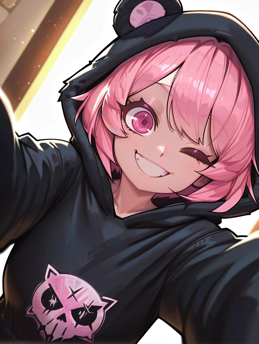 masterpiece, best quality, very aesthetic, high resolution, ultra-detailed, absurdres, newest, detailed eyes, beautiful, perfect lighting, hi res, amazing quality, very awa, painting_(artwork), dynamic lighting, dynamic angle, dynamic pose, cinematic, CuteToon_ST, 1girl, smile, pink hair, one eye closed, v, black gloves, looking at viewer, hood up, pink eyes, selfie, animal hood, short hair, long sleeves, upper body, bangs, grin, fake animal ears, teeth, black hoodie