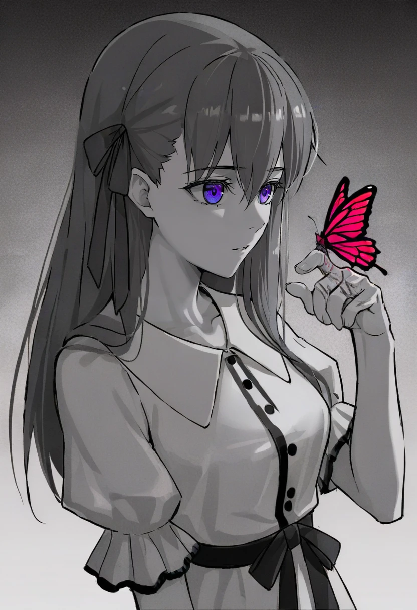 1girl, matou sakura, bug, butterfly, long hair, spot color, solo, ribbon, hair ribbon, monochrome, purple eyes, short sleeves, upper body, bangs, official alternate costume, greyscale, butterfly on hand, parted lips, hair between eyes, gradient, puffy sleeves, dress <lora:dridXL_il1_lokr_V6311P:0.95>