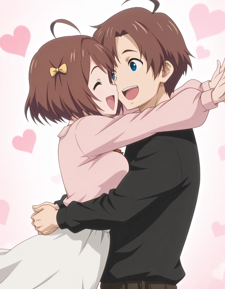 masterpiece, best quality, amazing quality,, <lora:rika-makiba-ova-illustriousxl-lora-nochekaiser:1>, rika makiba, short hair, brown hair, bow, black eyes, ahoge, hair bow, mature female, medium breasts, anime screencap, <lora:jumping-hug-illustriousxl-lora-nochekaiser:1>, jumping hug, hug, heart, closed eyes, smile, open mouth, jumping, hetero, outstretched arms, <lora:kazuya-kinoshita-illustriousxl-lora-nochekaiser:1>, kazuya kinoshita, 1boy, brown hair, brown eyes, short hair,,