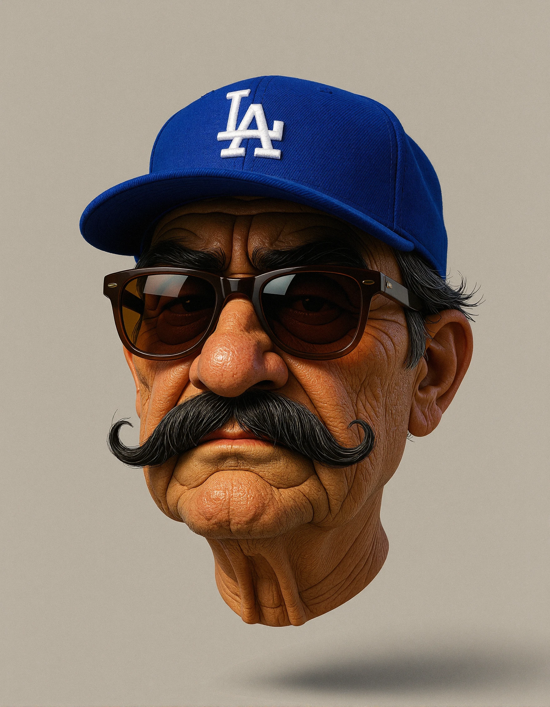 h3adfl0at 3D floating head of a an old latino man wearing a LA Dodgers baseball cap hat and thick rimmed brown sunglasses with light tinted lenses, he has a thick mustache and looks brooding