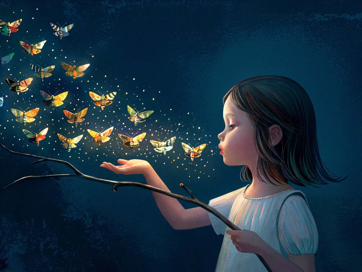 Seb Mckinnon illustration style. A young girl, perhaps around seven or eight, blows a puff of air towards a scattering of golden moths that seem to float from her outstretched hand. The moths are varied in size and wing position, some with wings fully extended, others more gently folded, and they swirl around her as if summoned by her breath. She holds a slender, somewhat twisted branch in her hand, extending it almost horizontally as if guiding the moths. Her hair is a bit messy, with strands framing her face, and she has a somewhat pensive expression, her eyes focused on the moths. The background is a deep, rich dark blue, almost a nighttime hue, with subtle variations in tone and a slightly textured appearance. The lighting is soft and golden, illuminating the girl and the moths, with a gentle glow that seems to emanate from the moths themselves, and it's a bit more diffused as it extends further from the girl, creating a slight halo effect around her. This is a medium shot, capturing the girl from about the waist up, showcasing her expression and the movement of the moths beautifully. The atmosphere is mysterious and somewhat enchanting, with a feeling of quiet magic and whimsy, as if the girl is sharing a secret moment with these golden, fluttering creatures.