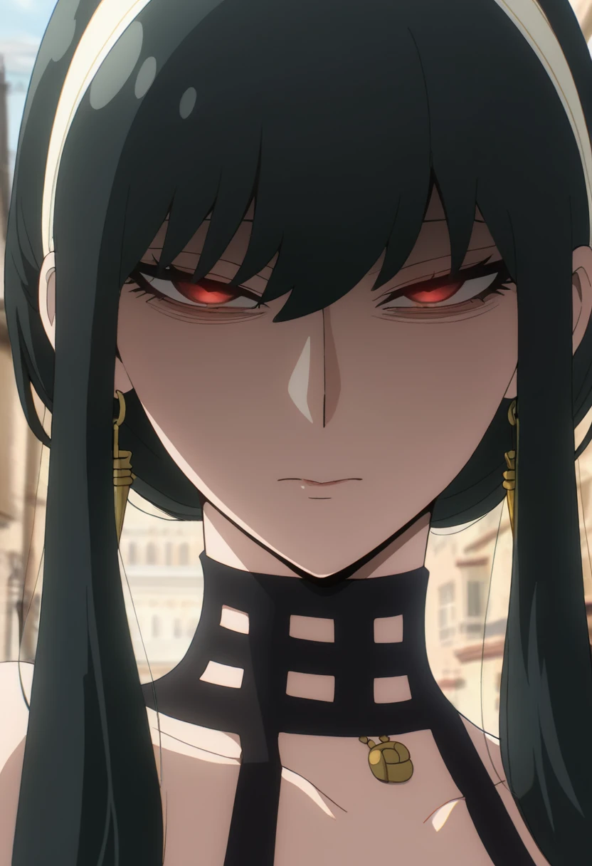 masterpiece, best quality, good quality, very awa, newest, highres, absurdres,outdoors,YorForger-SpyxFamily,Yor Forger \(Spy x Family\), 1girl, solo, black hair, red eyes, jewelry, closed mouth, sidelocks, serious face, earrings, close-up, gold earrings
,<lora:Yor Forger (Spy x Family) Illustrious v2:0.8>