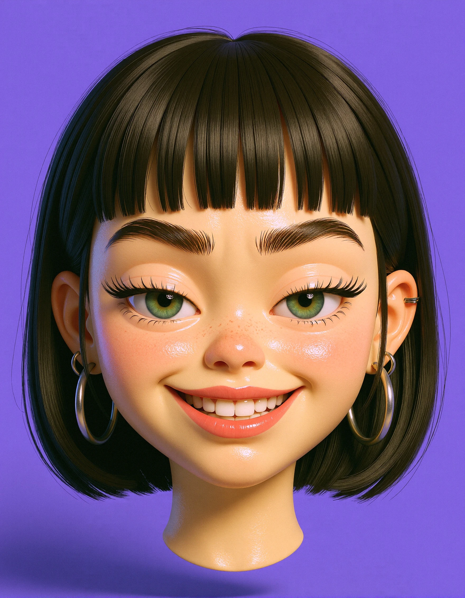 h3adfl0at 3D floating head of a bratty teen girl with a fake smile, half-lidded eyes, bangs and hoop earrings. Purple background.