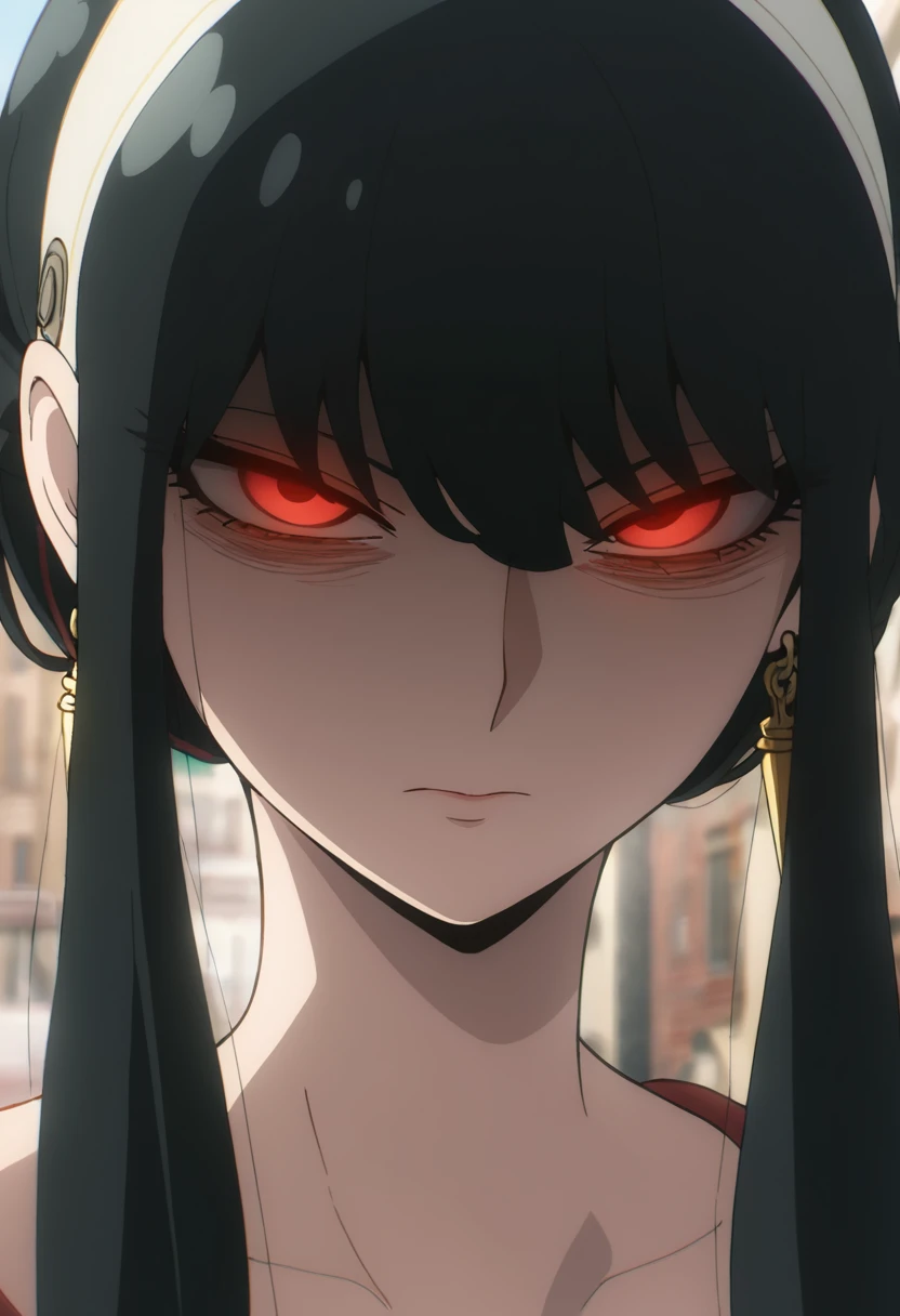 masterpiece, best quality, good quality, very awa, newest, highres, absurdres,outdoors,YorForger-SpyxFamily,Yor Forger \(Spy x Family\), 1girl, solo, black hair, red eyes, jewelry, closed mouth, sidelocks, serious face, earrings, close-up, gold earrings
,<lora:Yor Forger (Spy x Family) Illustrious v3:0.8>