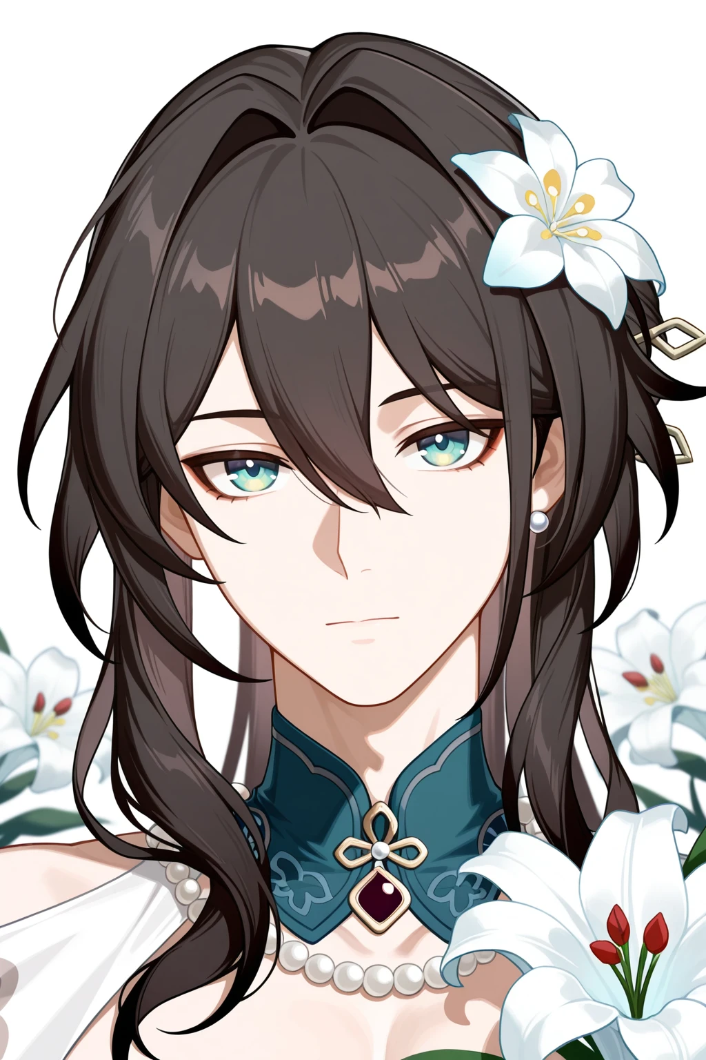 <lora:CCD-IL-000009:0.8>,CCD,ruan mei \(honkai: star rail\), honkai: star rail,1girl, hair between eyes, aqua eyes, blue eyes, green eyes, black hair, long hair, brown hair, hair intakes,looking at viewer, lily \(flower\), white flower,portrait,bara,male focus,very awa,masterpiece,best quality,amazing quality,nsfw,uncersored,highres,best quality,amazing quality,best aesthetic,absurdres,