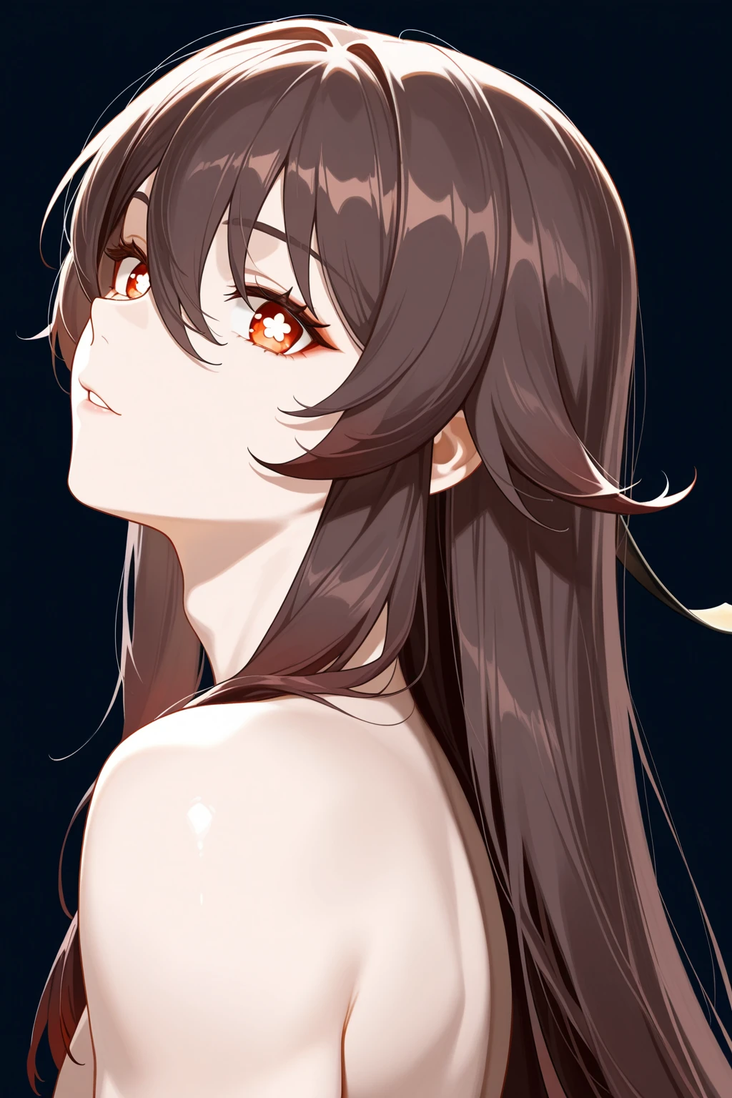 <lora:CCD-IL-000009:0.8>,CCD,hu tao \(genshin impact\), genshin impact,1girl, red eyes, hair between eyes, flower-shaped pupils, brown hair, very long hair, long hair,from side,looking at viewer,portrait,bara,male focus,very awa,masterpiece,best quality,amazing quality,nsfw,uncersored,highres,best quality,amazing quality,best aesthetic,absurdres,