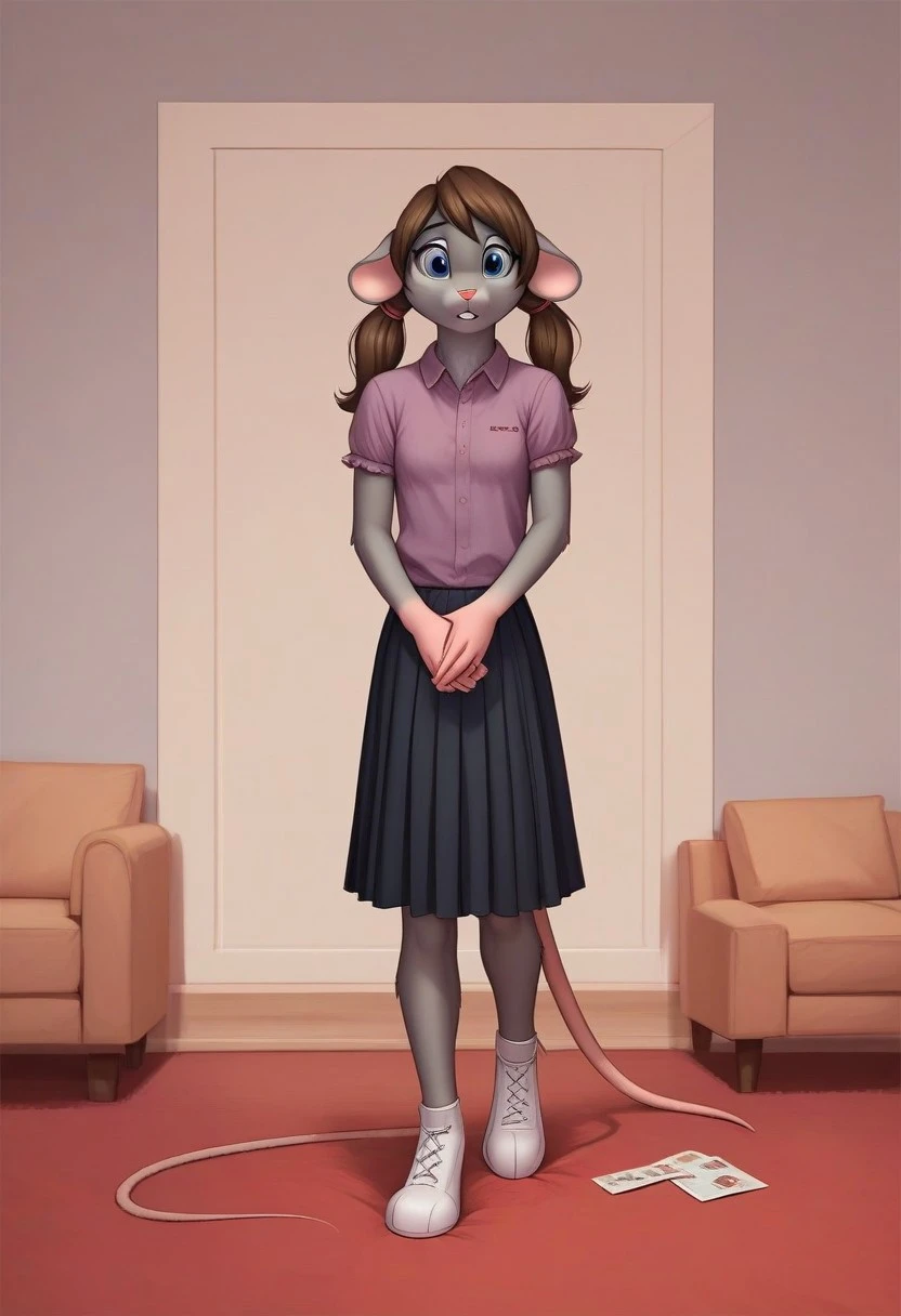 (ultra realistic, 32k, masterpiece:1.2), (high detailed skin:1.1), (high quality:1.1), source_furry, <lora:add-detail-xl:.5>, Anthro, smooth image, score_7_up, score_8_up,score_9,perfect quality, masterpiece,Rachelle, mouse girl,grey fur, mouse ears, buck teeth, Slim body, small breasts,twin pigtails,Anthro,mouse tail,