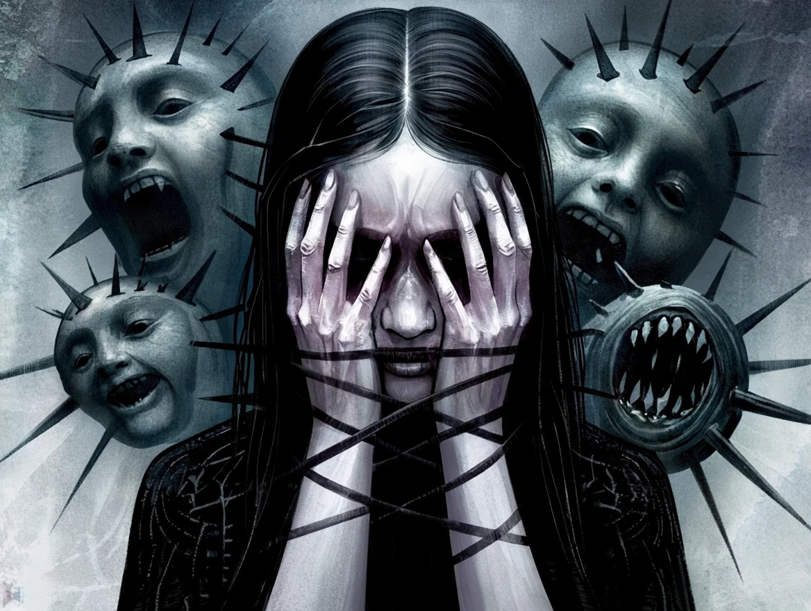 Seb Mckinnon illustration style. Tormented and tortured person being taunted by her past. Her hands are covering her face.