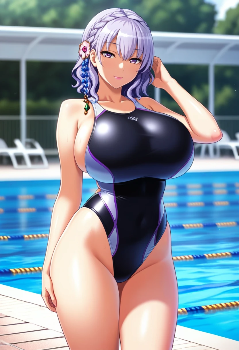 (high quality:1.2), detailed, shadows, cinematic lighting, digital art, anime coloring,
(Shion:1.1), 1girl, solo, standing, hands on hips, full body,
looking at viewer, blush, smile,
purple hair, blue hair, long hair, blue eyes,
school swimsuit, wet, see-through, barefoot,
large breasts, covered nipples, curvy, pussy,
indoors, pool,
<lora:Shion:0.9>