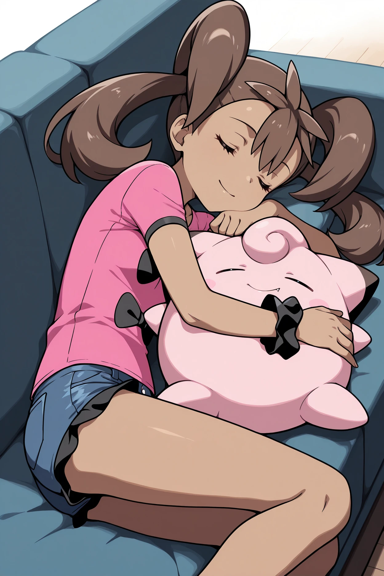 masterpiece, best quality, 1girl, solo, <lora:shauna-illu-nvwls-v1:1> pmnsn, dark-skinned female, twintails, brown hair, long hair, , pink shirt, bow print, short sleeves, denim shorts, wrist scrunchie, couch, sleeping, closed eyes, head rest, lying on side, smile, hugging clefairy doll