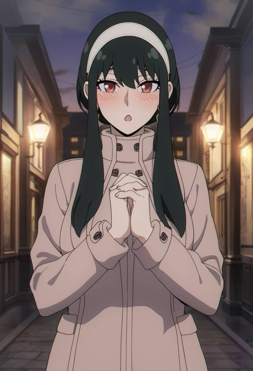 masterpiece, best quality, good quality, very awa, newest, highres, absurdres,outdoors,YorForger-SpyxFamily,Yor Forger \(Spy x Family\), 1girl, solo, looking at viewer, blush, open mouth, bangs, black hair, red eyes, jewelry, sidelocks, hairband, earrings, indoors, own hands together, white hairband, twilight
,<lora:Yor Forger (Spy x Family) Illustrious v2:0.8>
