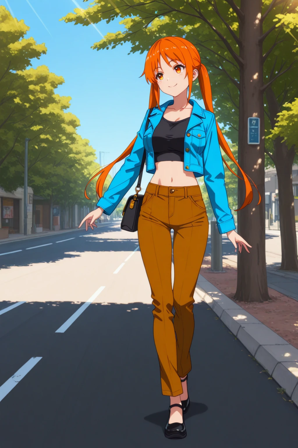 1girl, <lora:Yoshiko_Hanabatake:1>, YoshikoDS, masterpiece, best quality, long hair, orange eyes, orange hair, solo, twintails, 1girl, bag, black shoes, blue jacket, blue sky, breasts, brown pants, crop top, handbag, jacket, large breasts, midriff, navel, outdoors, pants, road, shoes, sky, smile, solo, street, sunlight, tree