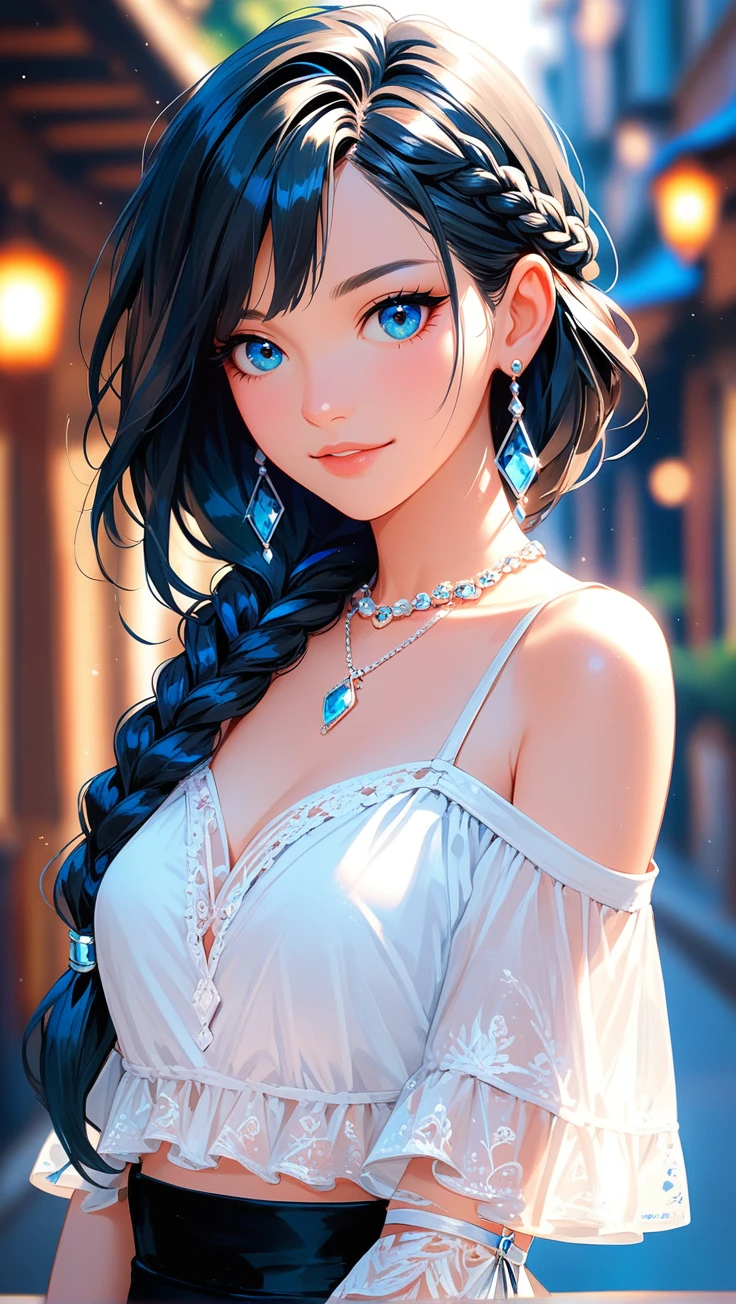 score 9, score 8 up, score 7 up, 1girl, jewelry, earrings, solo, necklace, blue eyes, blurry background, braid, black hair, looking at viewer