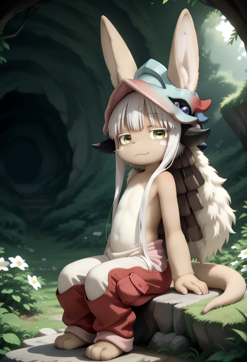 masterpiece, best quality, amazing quality, very aesthetic, absurdres, 2d (artwork), cel shading, amazing quality, 1girl, Nanachi_(mia), female,green eyes, white hair, long hair, furry, animal ears, tail, ears through headwear, nanach_pants, nanach_helmet, three quarter view, sitting on rock, looking at viewer, smug, narrowed eyes, in green cave, flowers, side view, full body, <lora:IL/Nanachi_-_Made_in_Abyss:1.0>