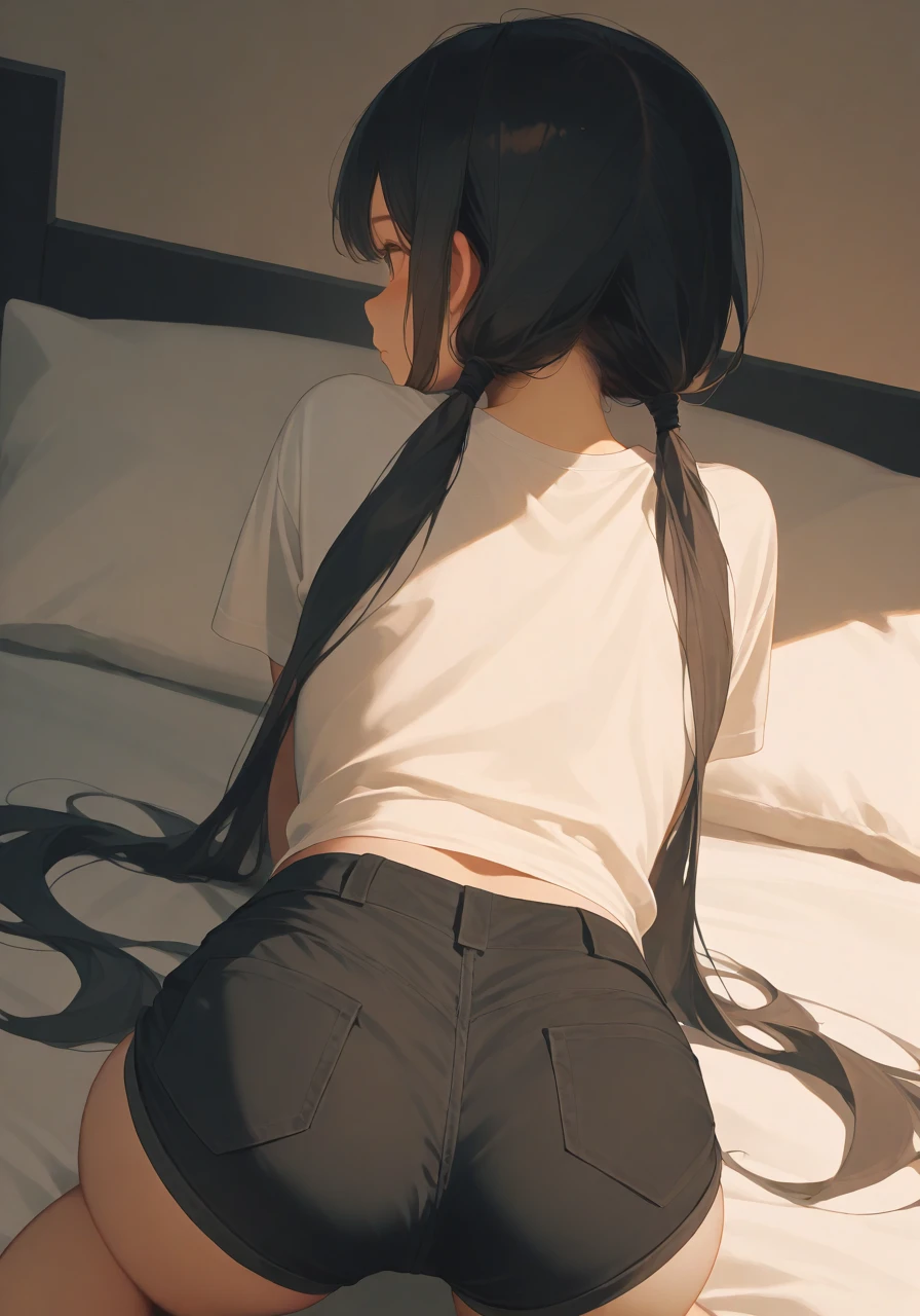 1girl, all fours, ass, back, bare legs, bed, bed sheet, black hair, black shorts, closed mouth, from behind, hair tie, long hair, shirt, short shorts, shorts, solo, twintails, very long hair, white shirt, BREAK character_concept, cowboy_shot, (dutch_angle:1.25), masterpiece, best quality, amazing quality, very aesthetic, absurdres, modern, recent, newest, <lora:NijiSemi_IL_Style_epoch_8:1> N1j1