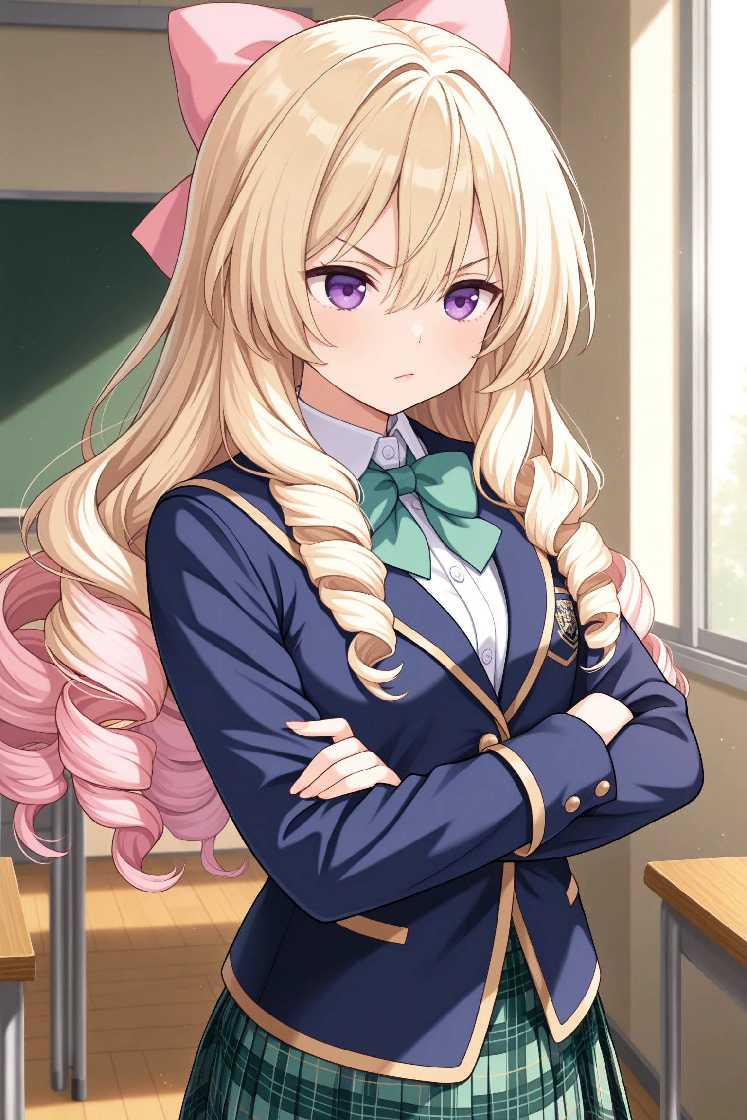 masterpiece, best quality, very aesthetic, ayanokoujimirei, solo, indoors, classroom, blonde hair, hair pink bow, hair between eyes, drill hair, long hair, purple eyes, small breasts, blue jacket, blazer, green bowtie, collared shirt, white shirt, crossed arms, green skirt, plaid skirt, school uniform, closed mouth, >:/, pink lips, <lora:Ayanokouji-Mirei:0.7>